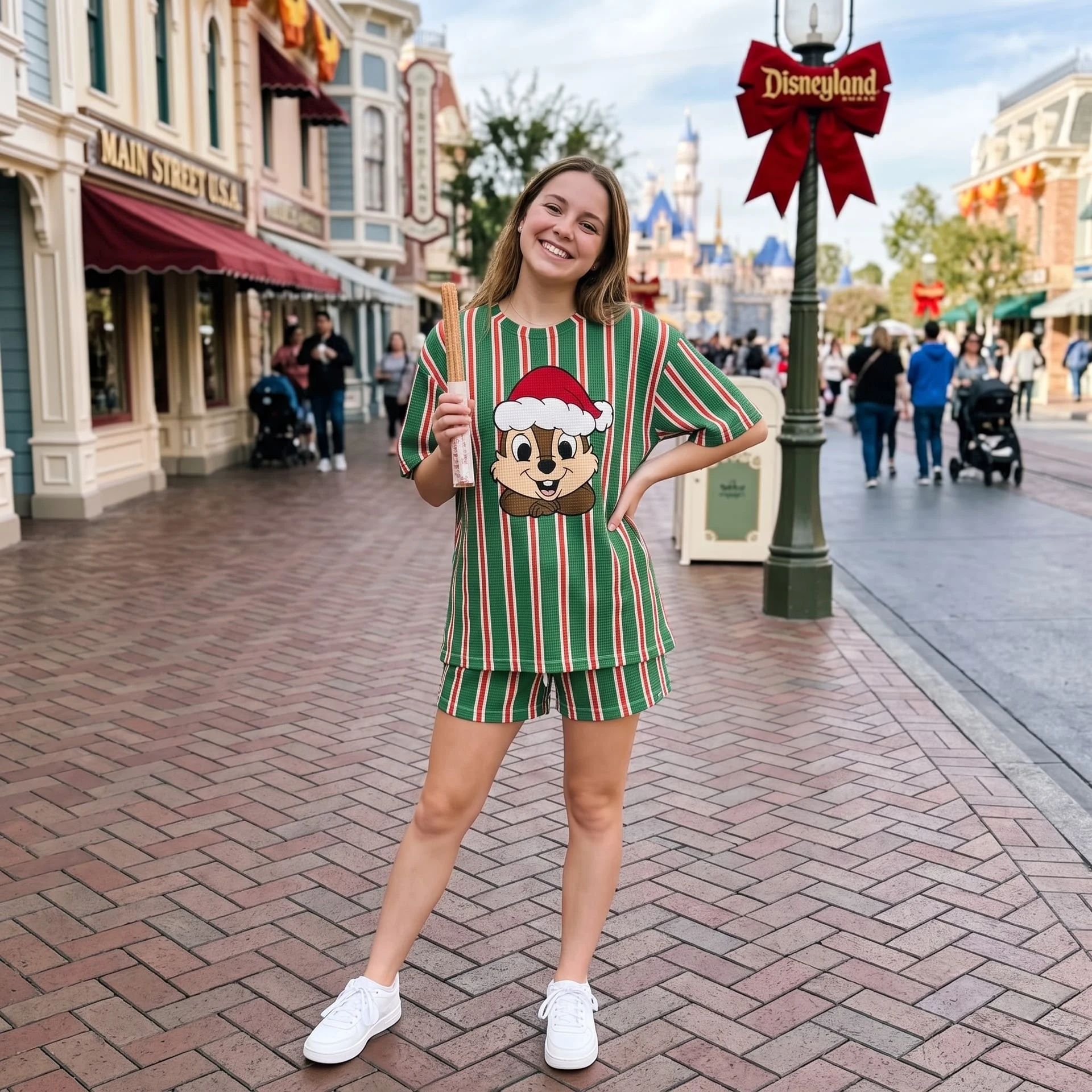 Chip Christmas Waffle Loungewear Set, Santa Hat & Green Red Stripe Character Pajama Outfit, Cozy Heavyweight Set - Image 2
