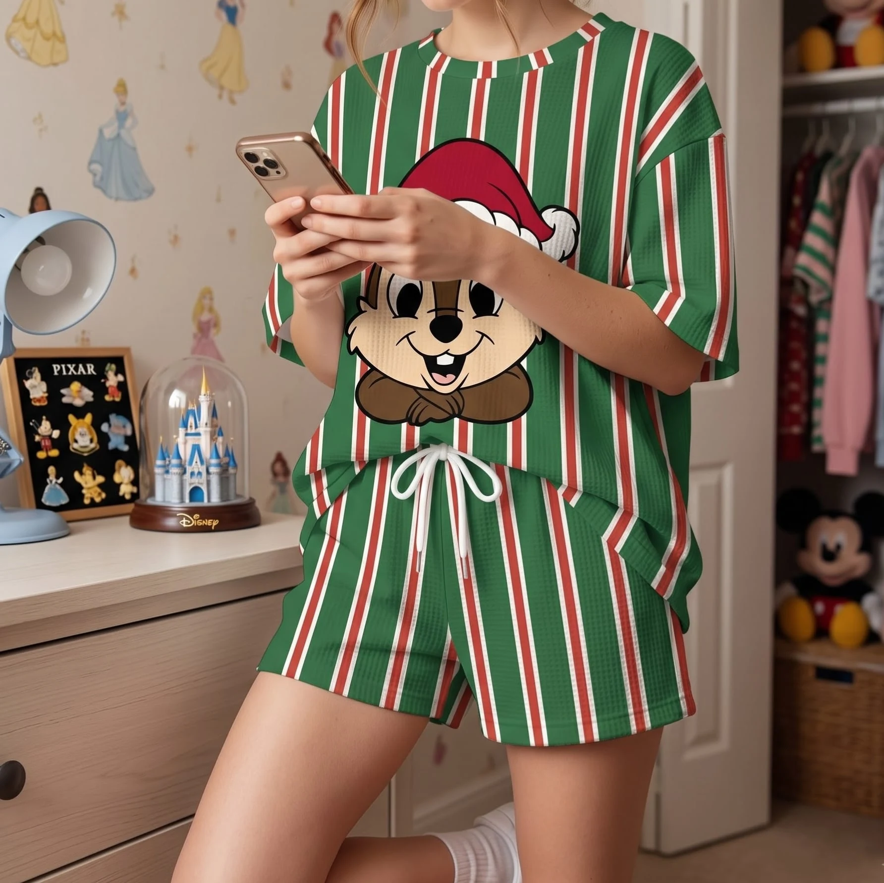 Chip Christmas Waffle Loungewear Set, Santa Hat & Green Red Stripe Character Pajama Outfit, Cozy Heavyweight Set - Image 4