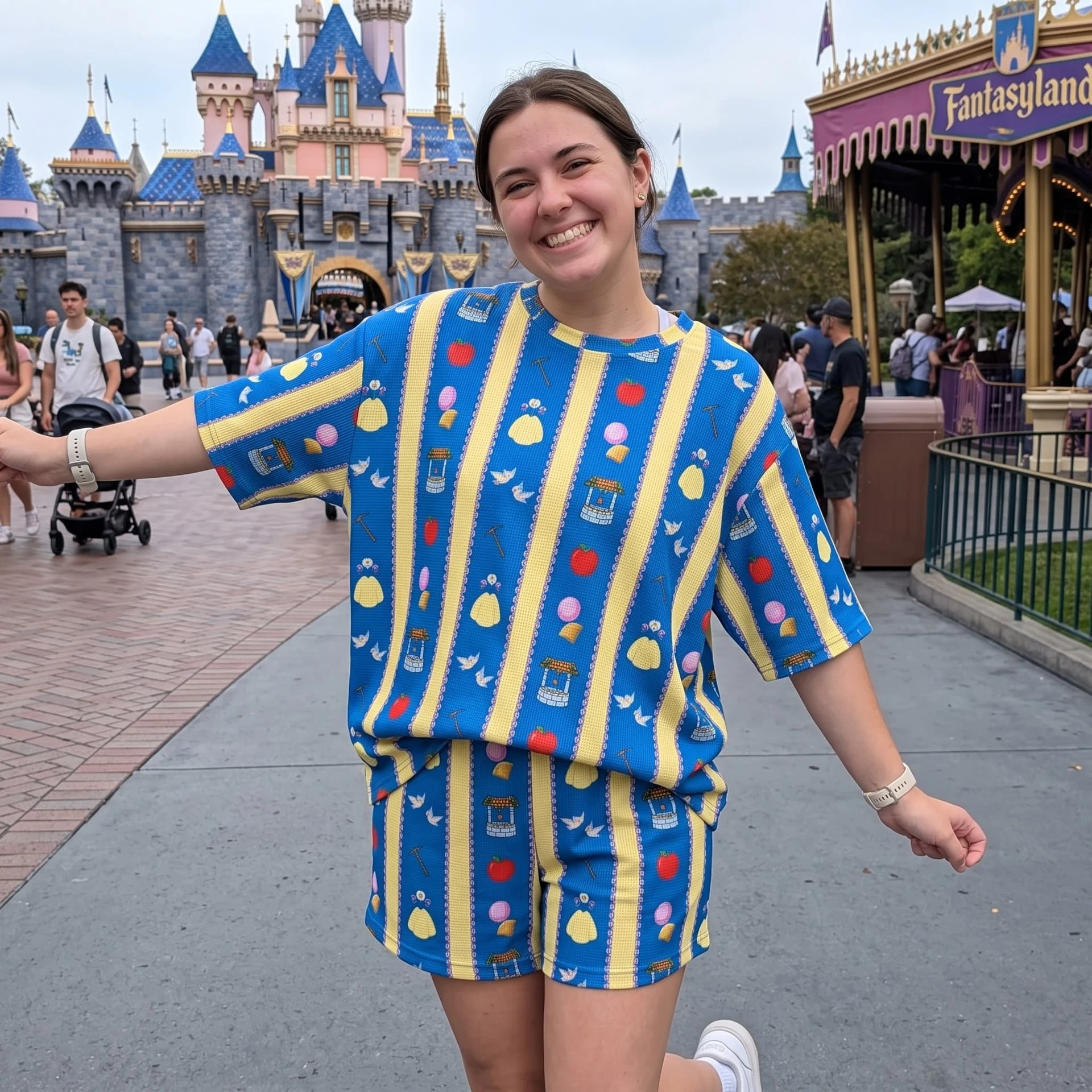 Snow White Waffle Loungewear Set, Blue Yellow Stripe Apple Wishing Well & Princess Icon Print Pajama Outfit, Cozy Heavyweight Set - Image 2