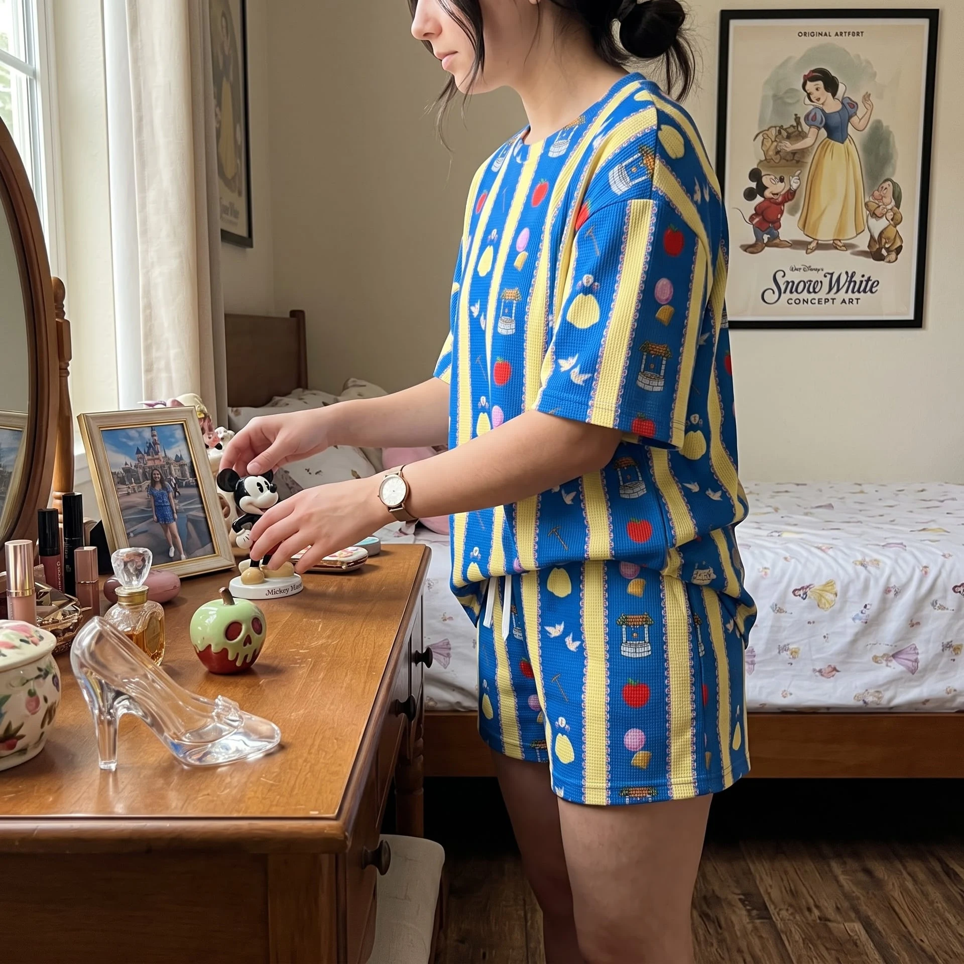 Snow White Waffle Loungewear Set, Blue Yellow Stripe Apple Wishing Well & Princess Icon Print Pajama Outfit, Cozy Heavyweight Set - Image 3
