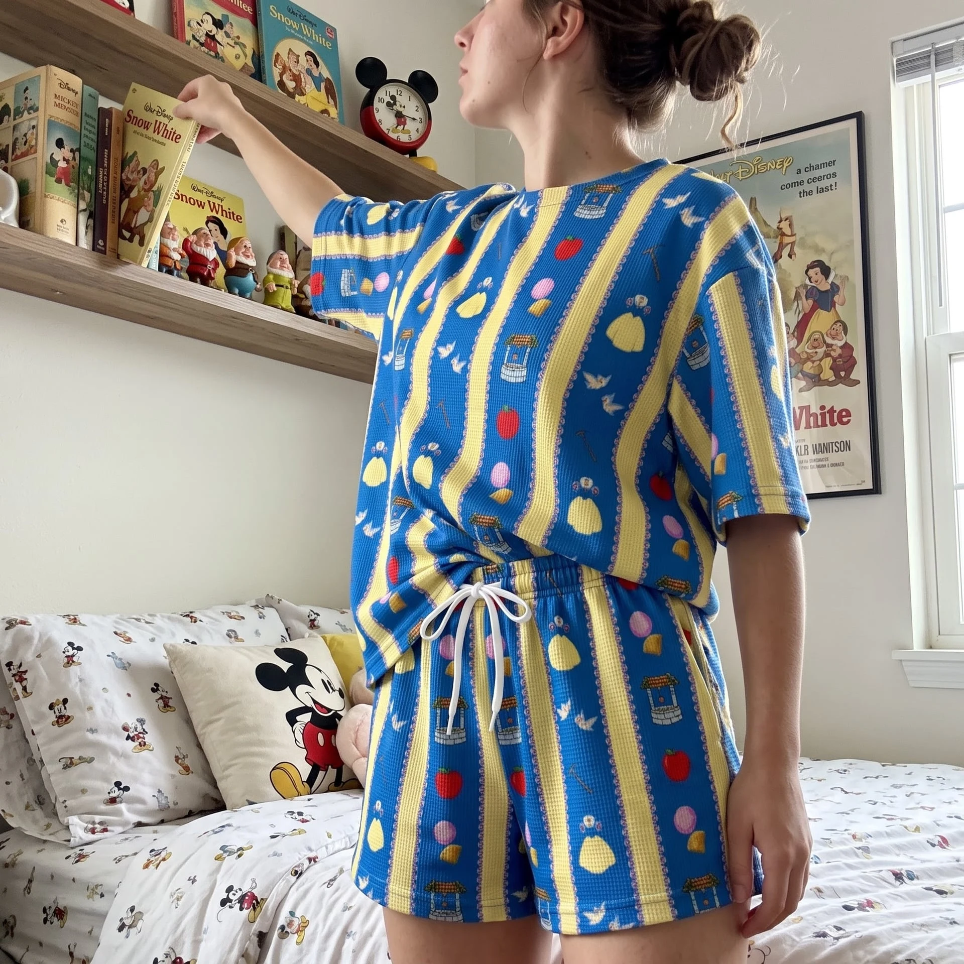 Snow White Waffle Loungewear Set, Blue Yellow Stripe Apple Wishing Well & Princess Icon Print Pajama Outfit, Cozy Heavyweight Set - Image 4