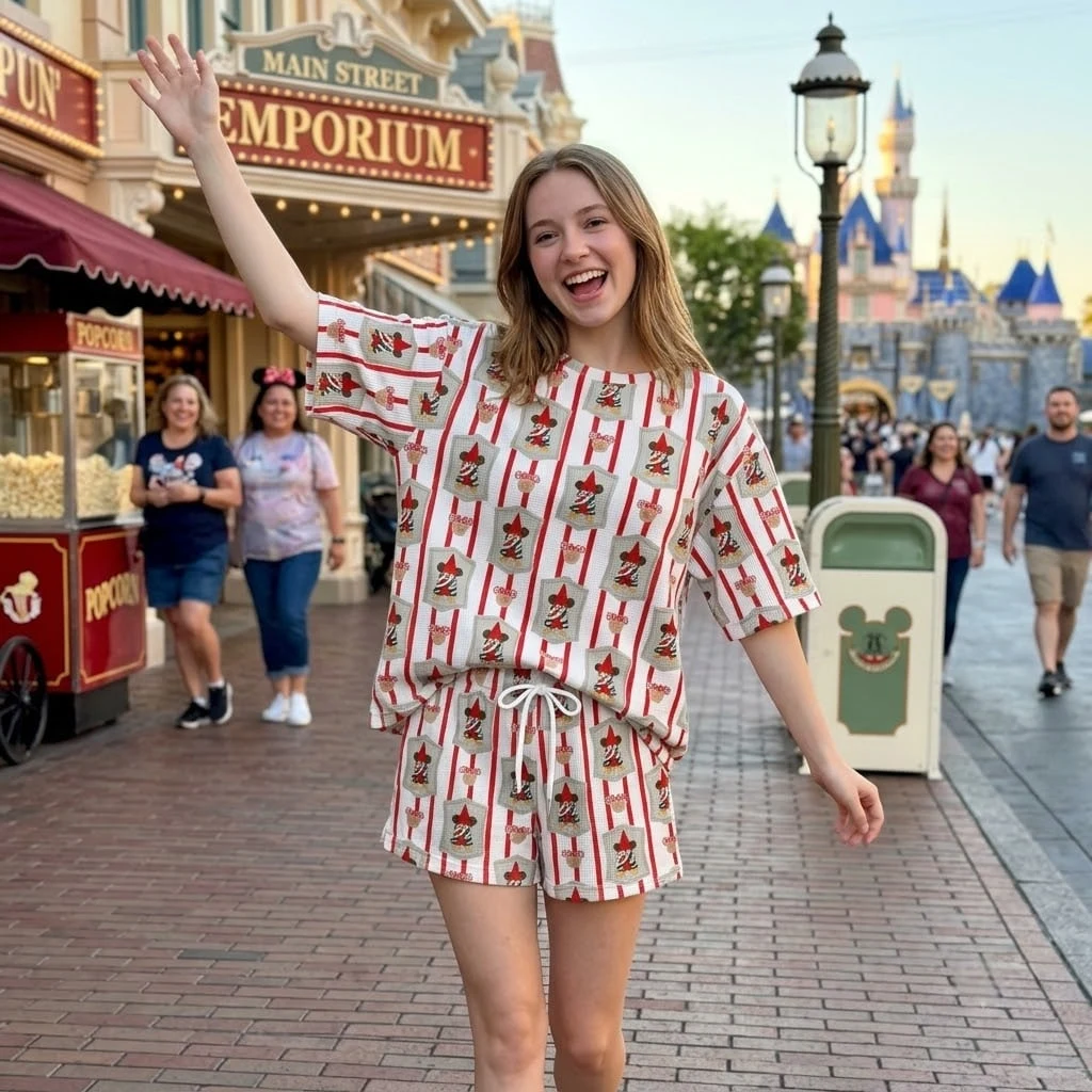 Mickey Christmas Waffle Loungewear Set, Red White Stripe Mickey Elf & Holiday Bow Print Pajama Outfit, Cozy Short Sleeve Shirt and Shorts Set - Image 4