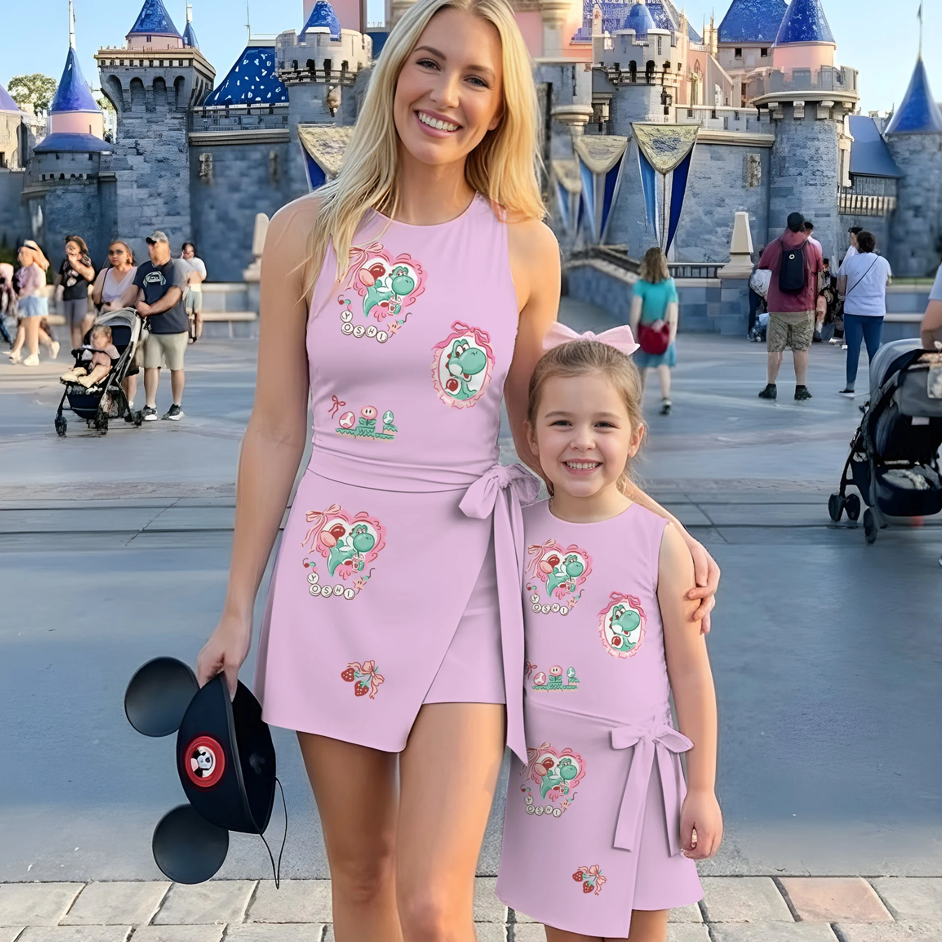 Yoshi Pink Tennis Dress, Cute Green Yoshi & Mushroom Print, Mommy and Me Matching Dress, Video Game Inspired Family Outfit