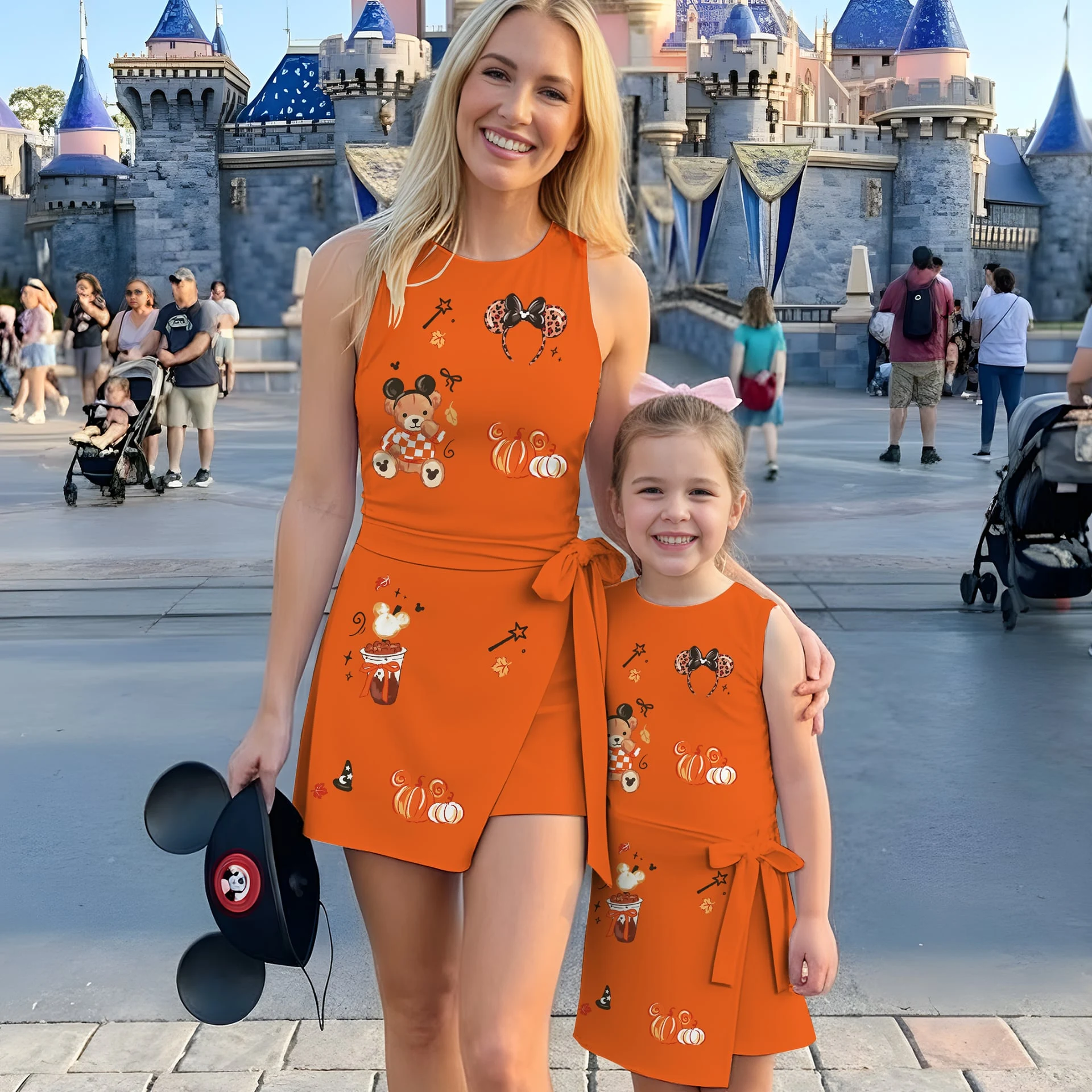 Mickey Fall Tennis Dress, Orange Pumpkin Teddy Bear, Leopard Minnie Ears & Magic Wand Print, Mommy and Me Matching Dress, Theme Park Outfit