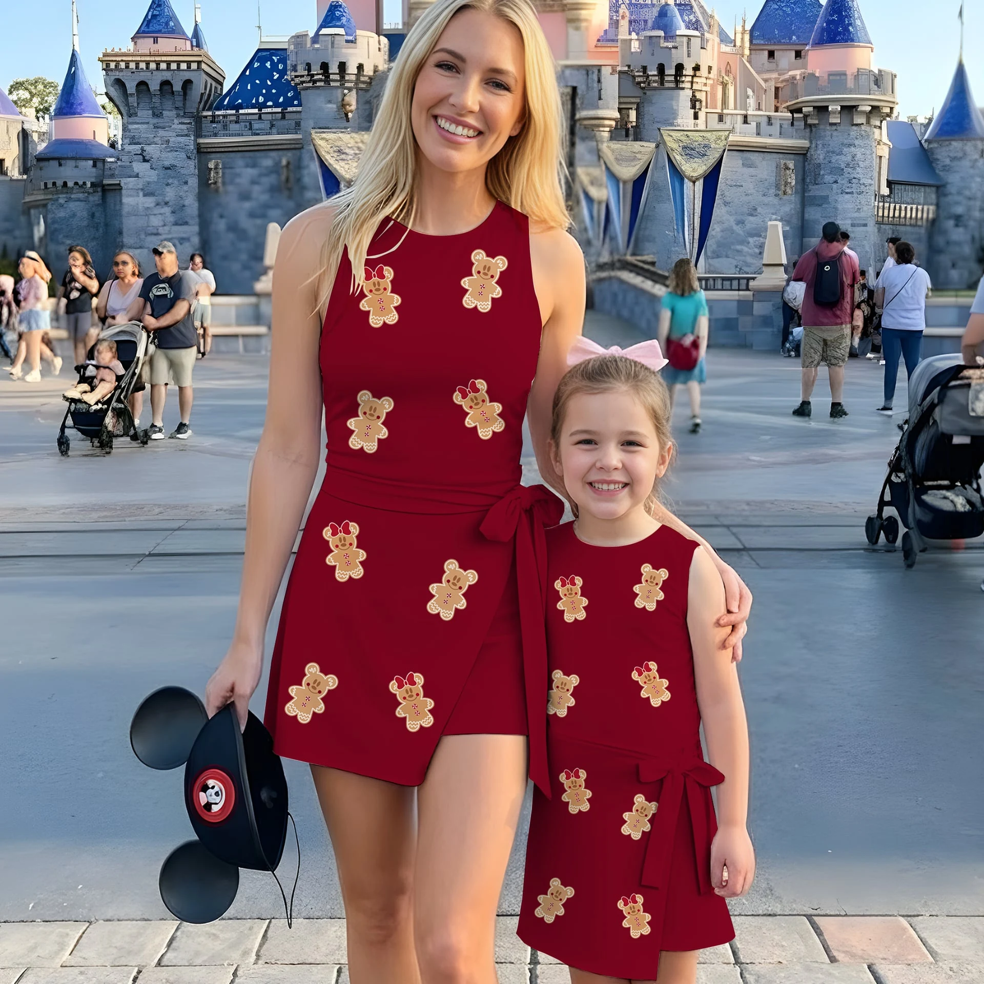 Gingerbread Mickey & Minnie Christmas Tennis Dress, Red Holiday Character Print, Mommy and Me Theme Park Outfit, Christmas Family Gift