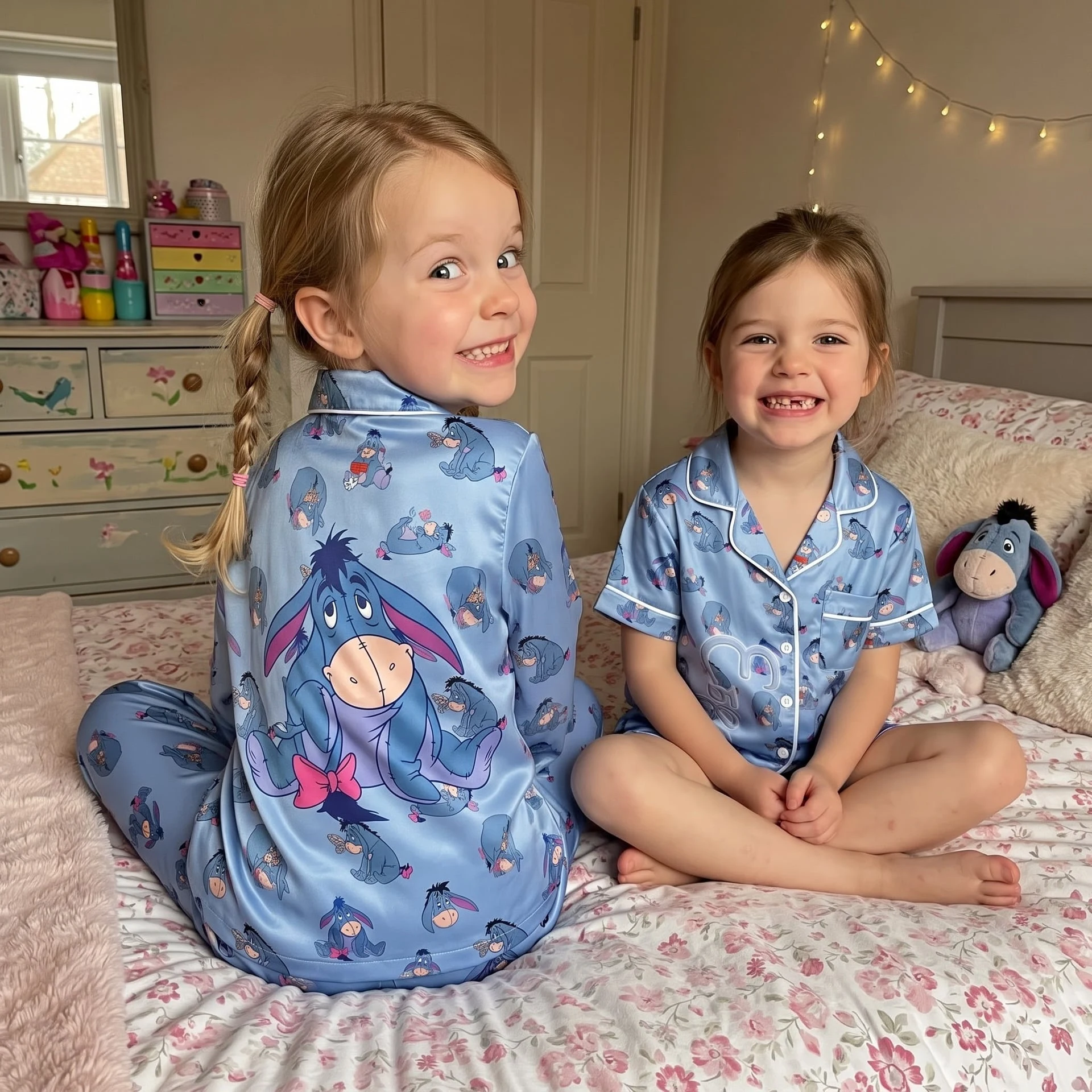 Winnie the Pooh & Friends Satin Pajama Set, Eeyore Piglet Pooh Tigger Character Print Sleepwear, Matching Besties Pajama Outfit - Image 3