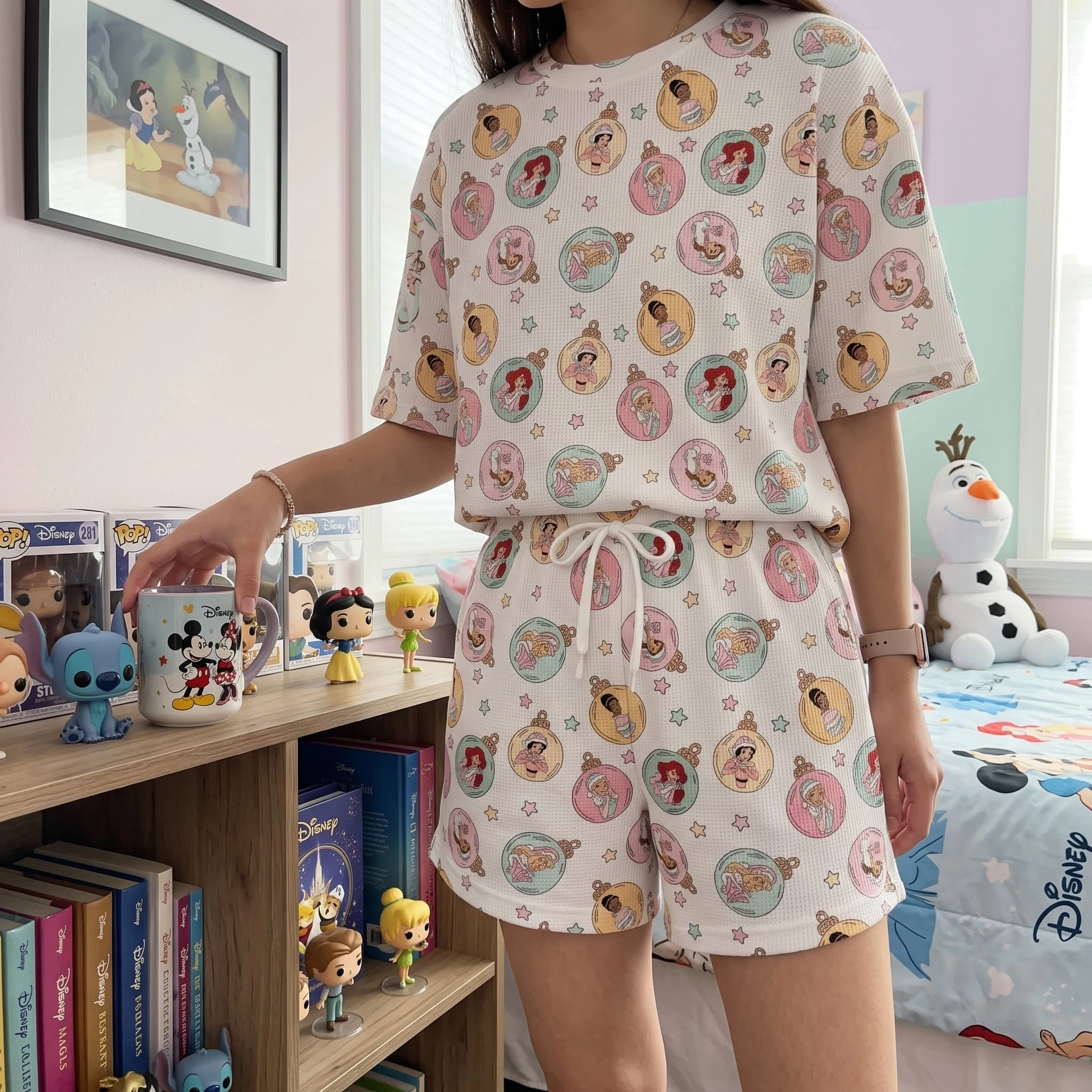 Disney Princess Christmas Ornament Waffle Loungewear Set, Ariel Jasmine Belle & Princess Holiday Print Pajama Outfit, Cozy Short Sleeve Shirt and Shorts Set - Image 3