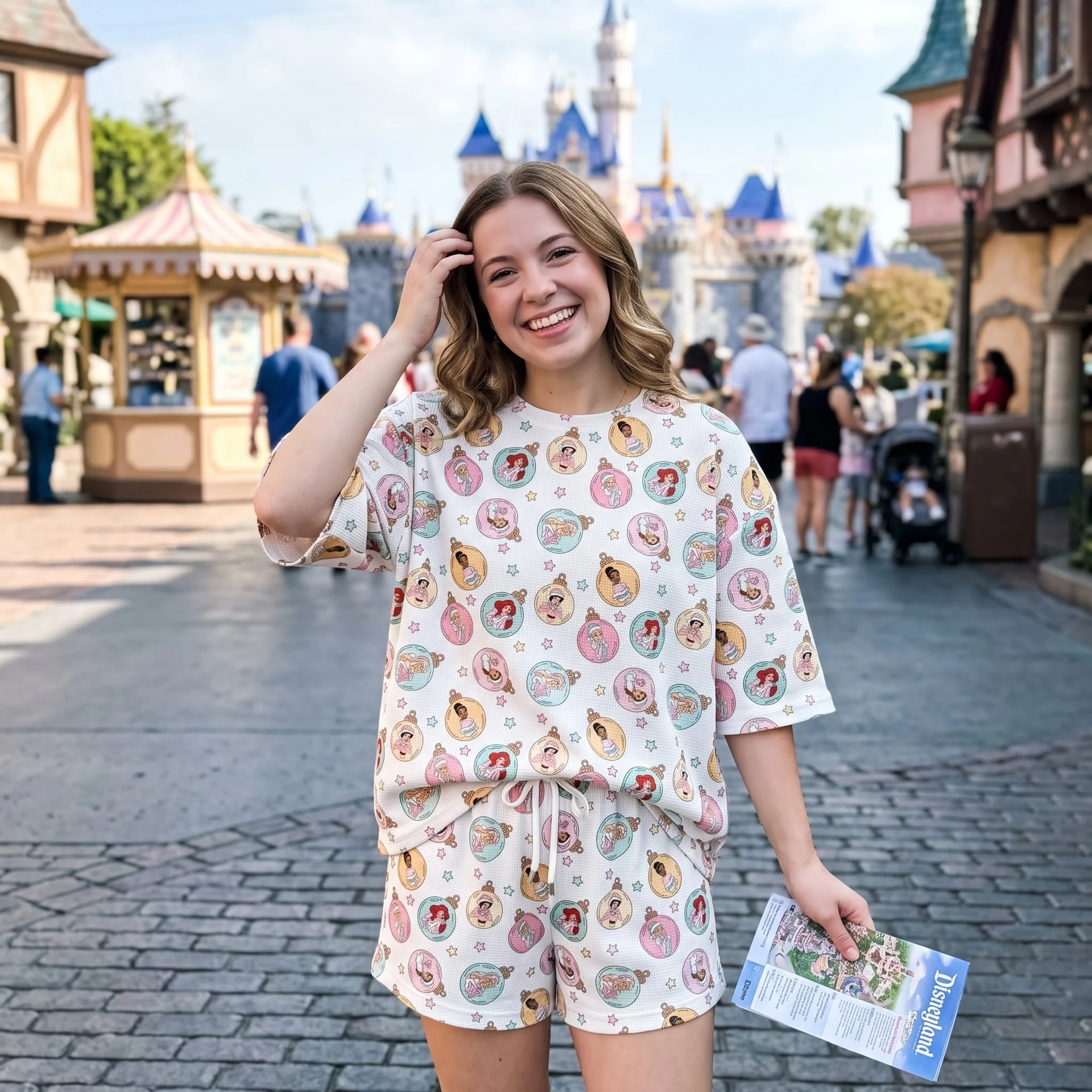 Disney Princess Christmas Ornament Waffle Loungewear Set, Ariel Jasmine Belle & Princess Holiday Print Pajama Outfit, Cozy Short Sleeve Shirt and Shorts Set - Image 4