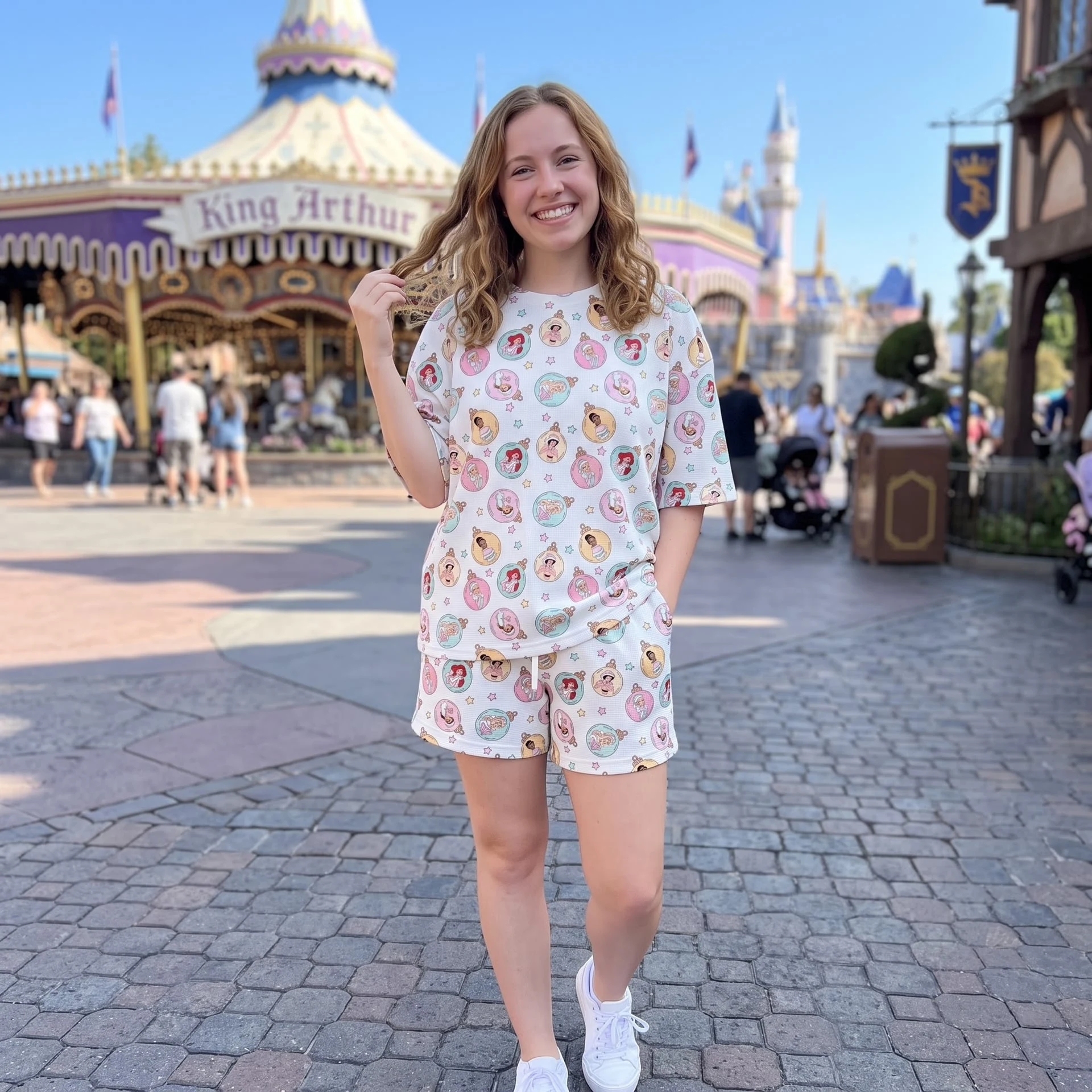 Disney Princess Christmas Ornament Waffle Loungewear Set, Ariel Jasmine Belle & Princess Holiday Print Pajama Outfit, Cozy Short Sleeve Shirt and Shorts Set - Image 5