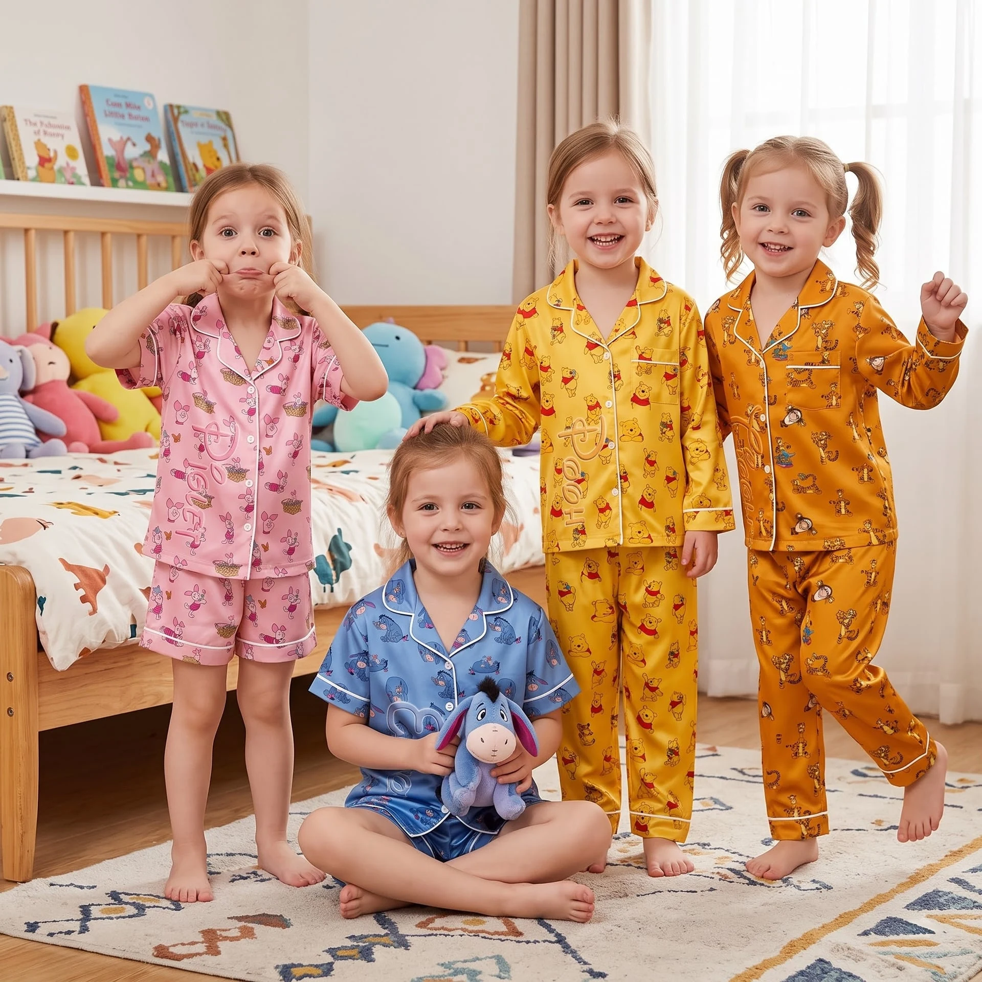 Winnie the Pooh & Friends Satin Pajama Set, Eeyore Piglet Pooh Tigger Character Print Sleepwear, Matching Besties Pajama Outfit - Image 2