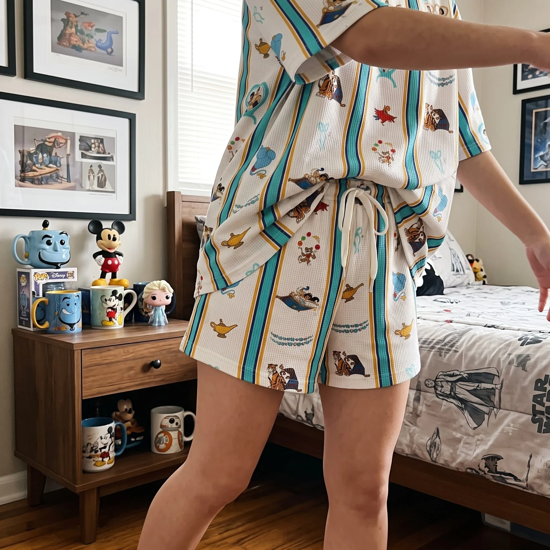 Disney Aladdin & Jasmine Waffle Loungewear Set, Genie Magic Lamp Abu & Rajah Stripe Print Pajama Outfit, Cozy Short Sleeve Shirt and Shorts Set - Image 2