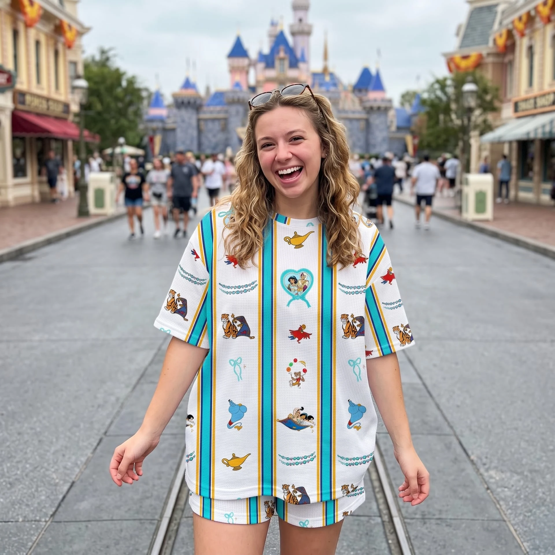 Disney Aladdin & Jasmine Waffle Loungewear Set, Genie Magic Lamp Abu & Rajah Stripe Print Pajama Outfit, Cozy Short Sleeve Shirt and Shorts Set - Image 4