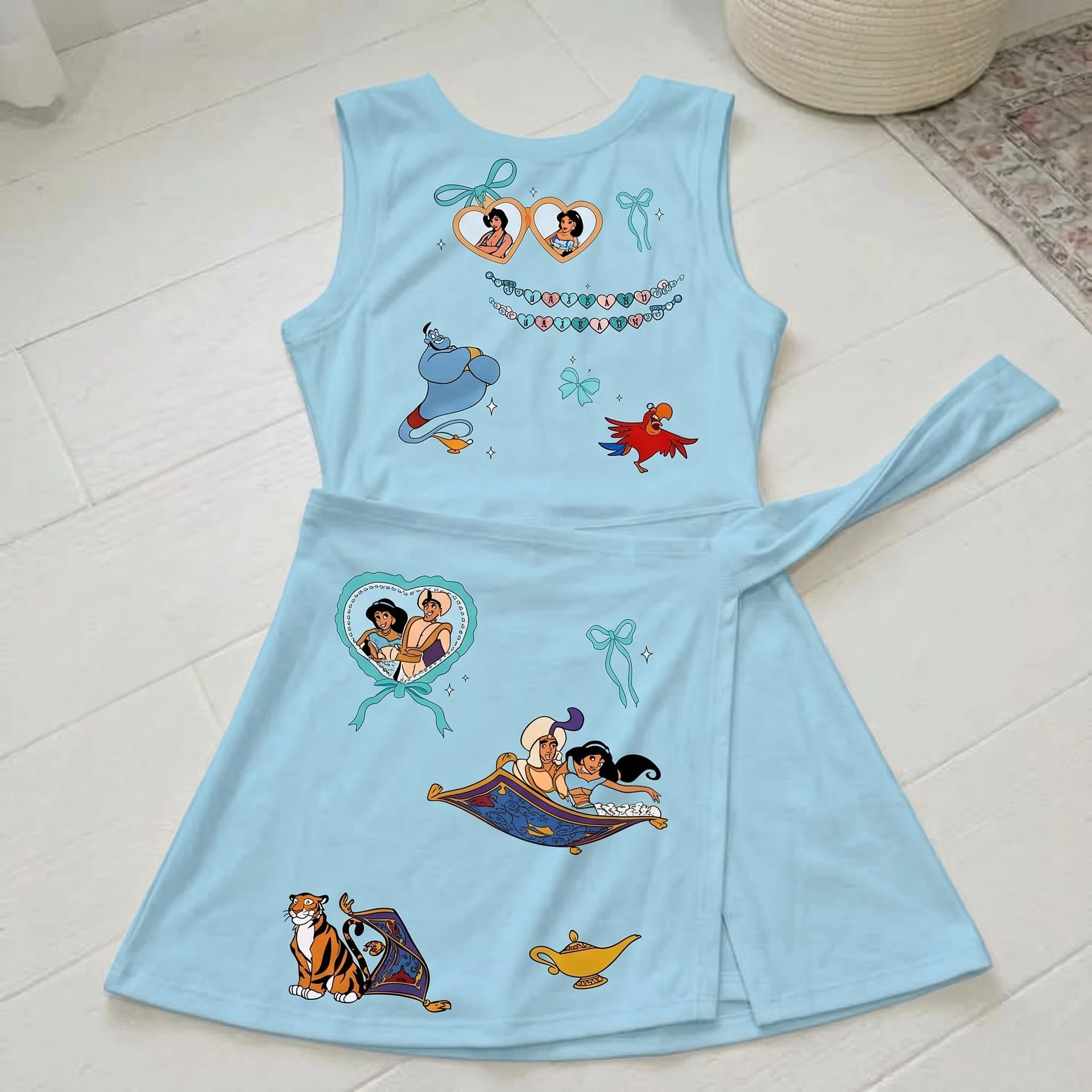 Disney Aladdin & Jasmine Blue Tennis Dress, Magic Carpet Genie Rajah & Abu Character Print Wrap Skort Dress, Disney Princess Park Outfit - Image 2