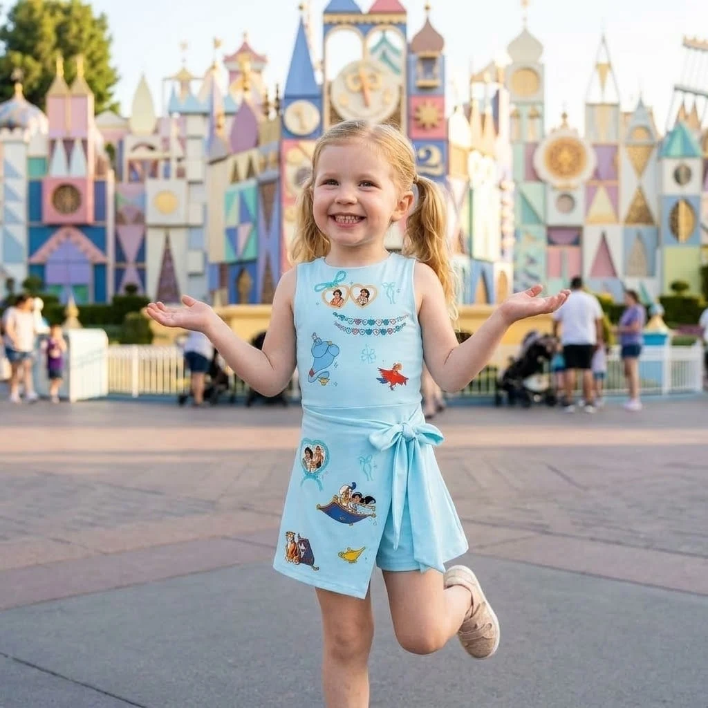 Disney Aladdin & Jasmine Blue Tennis Dress, Magic Carpet Genie Rajah & Abu Character Print Wrap Skort Dress, Disney Princess Park Outfit - Image 4