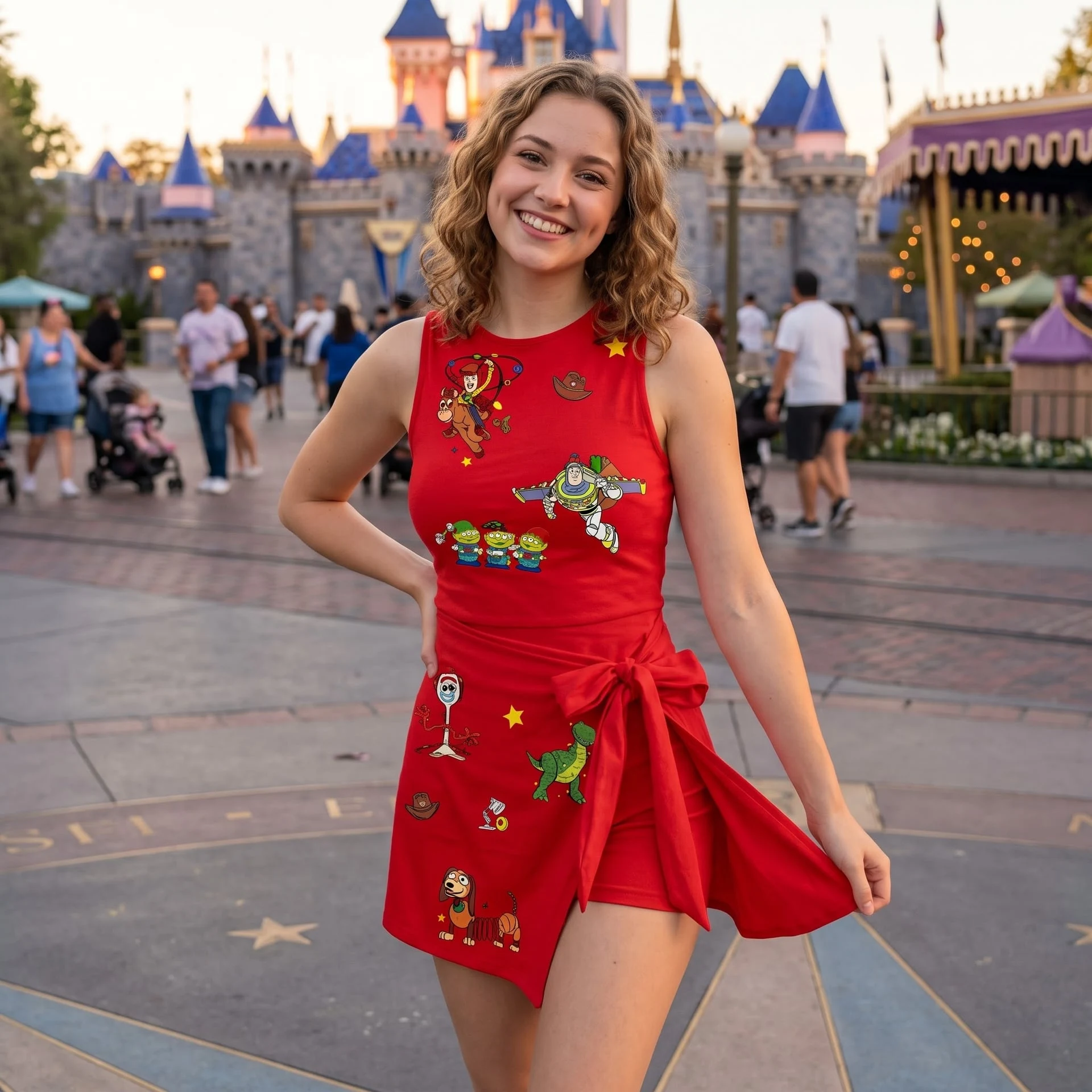 Toy Story Red Tennis Dress, Woody Buzz Lightyear Rex Forky Slinky Dog & Alien Character Print Wrap Skort Dress, Disney Park Outfit - Image 4