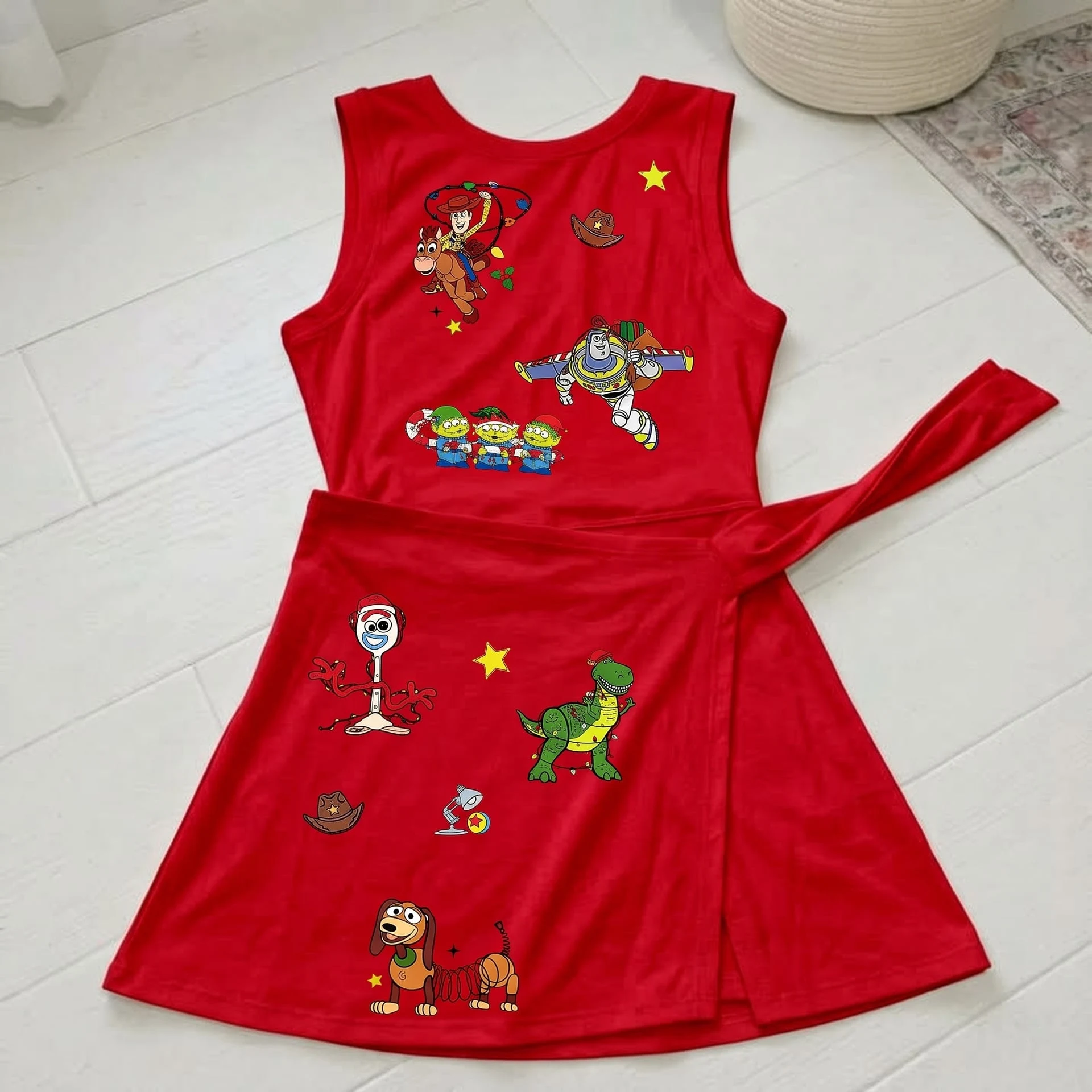 Toy Story Red Tennis Dress, Woody Buzz Lightyear Rex Forky Slinky Dog & Alien Character Print Wrap Skort Dress, Disney Park Outfit - Image 2