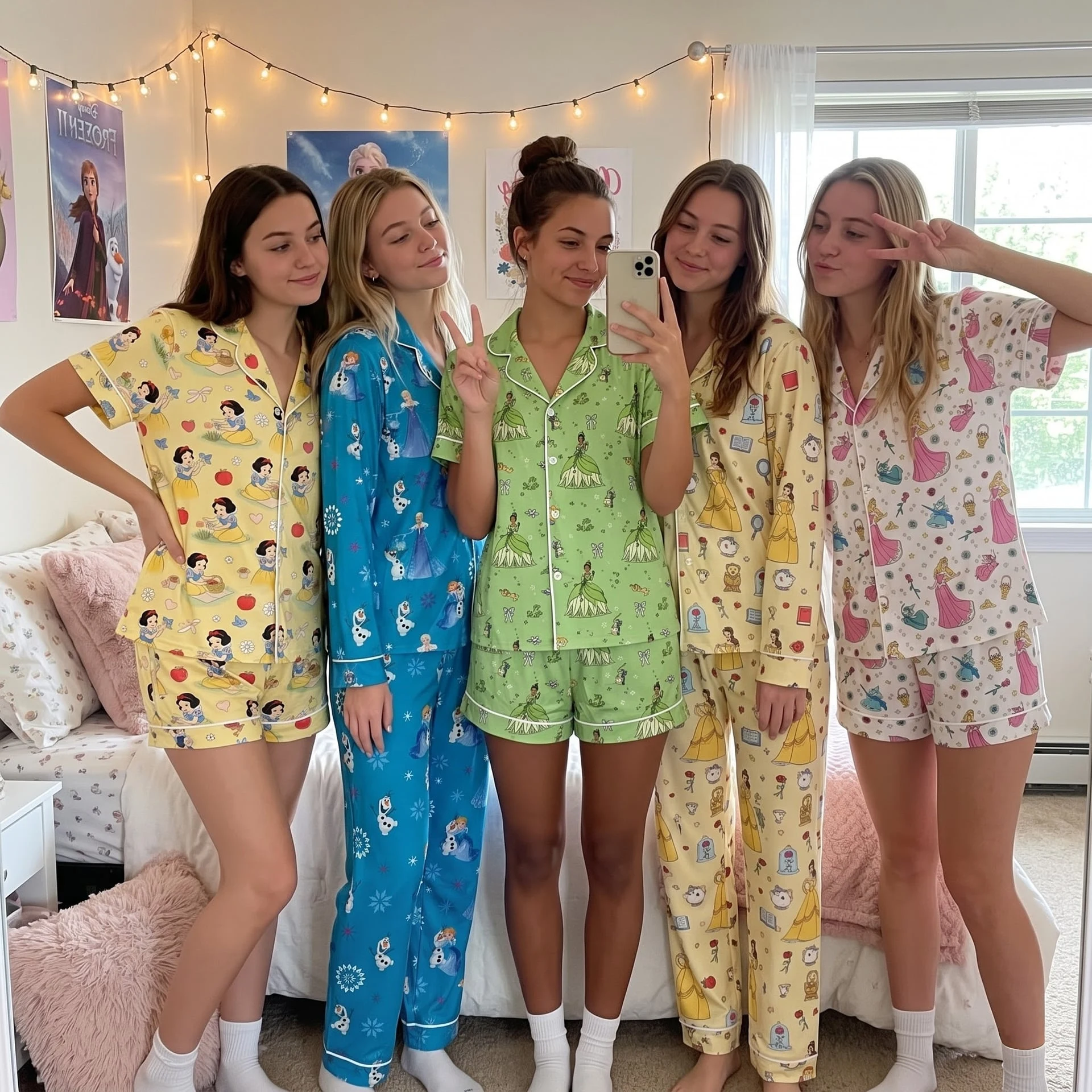 Disney Princess Satin Pajama Set, Snow White Elsa Tiana Belle & Rapunzel Character Print Sleepwear, Matching Besties Pajama Outfit - Image 2