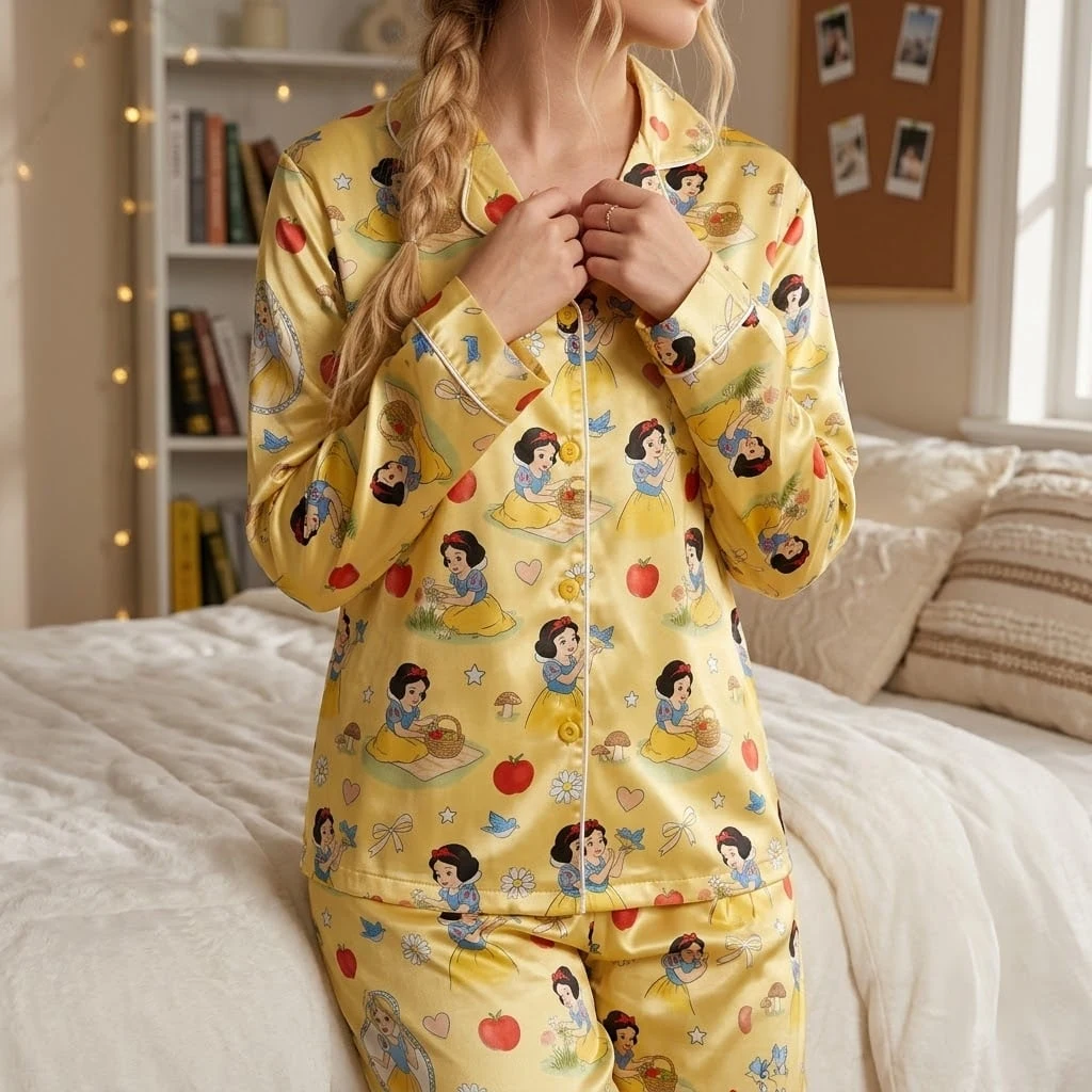 Disney Princess Satin Pajama Set, Snow White Elsa Tiana Belle & Rapunzel Character Print Sleepwear, Matching Besties Pajama Outfit - Image 4