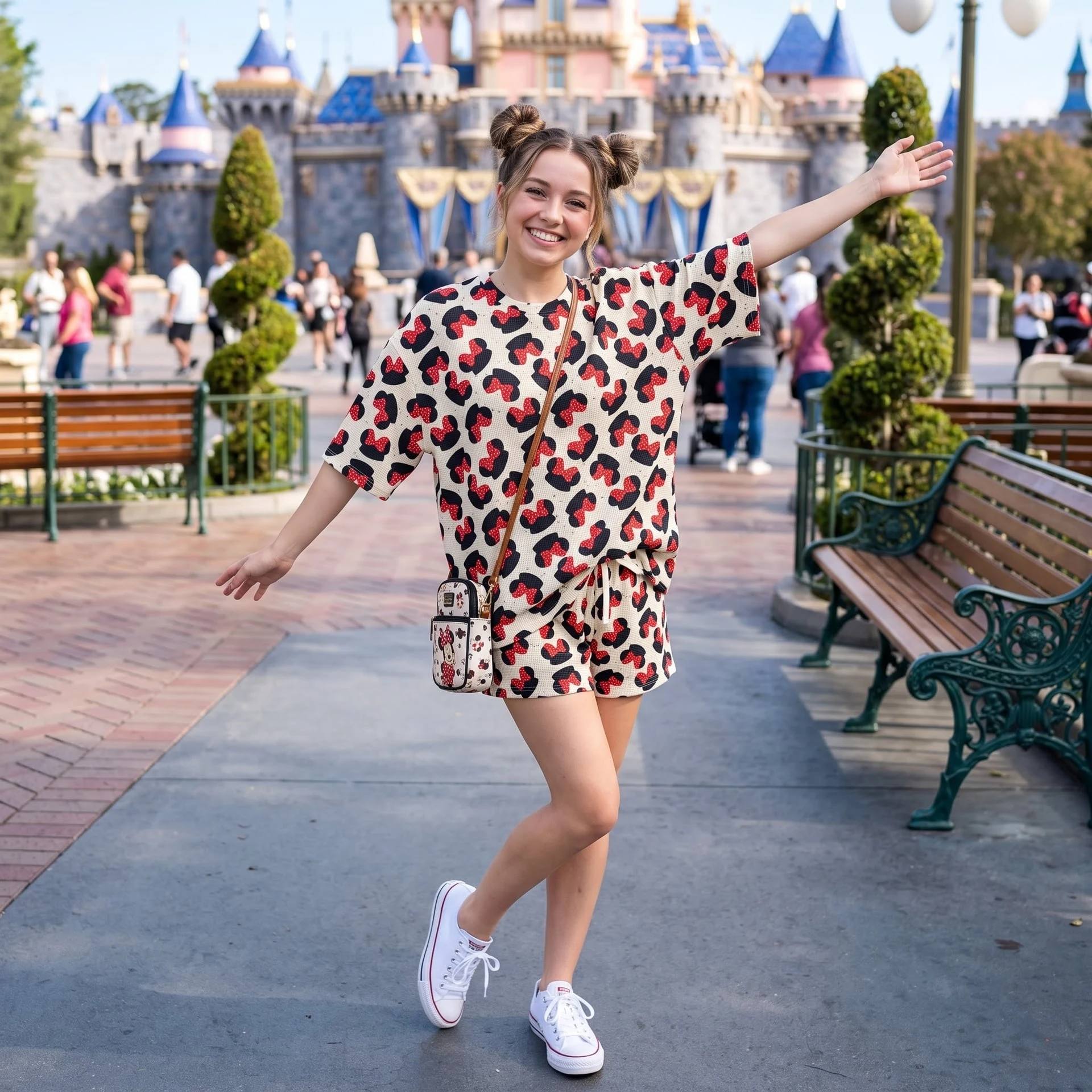 Minnie Mouse Waffle Loungewear Set, Red Polka Dot Bow & Black Minnie Silhouette Print Pajama Outfit, Cozy Short Sleeve Shirt and Shorts Set - Image 3