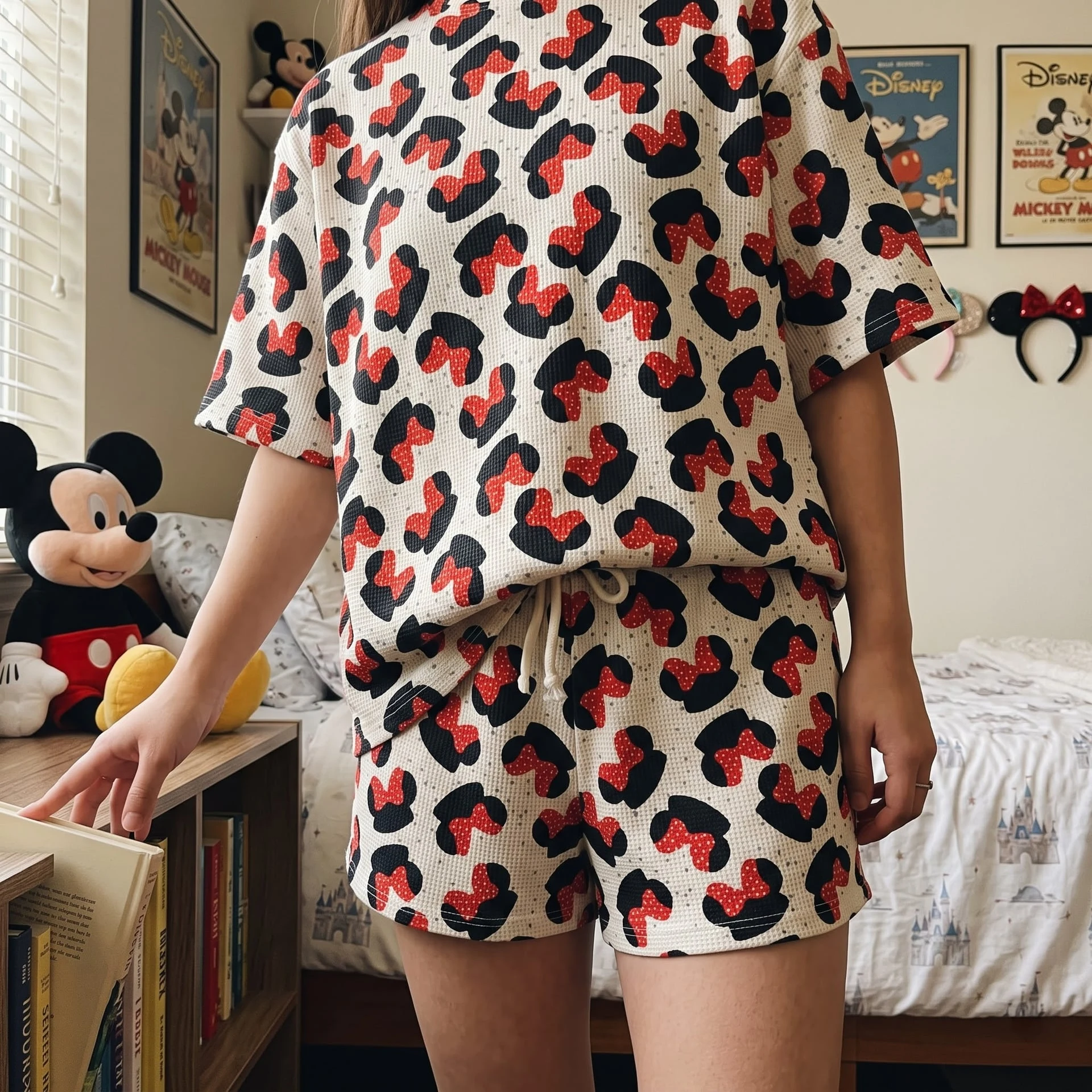 Minnie Mouse Waffle Loungewear Set, Red Polka Dot Bow & Black Minnie Silhouette Print Pajama Outfit, Cozy Short Sleeve Shirt and Shorts Set - Image 2