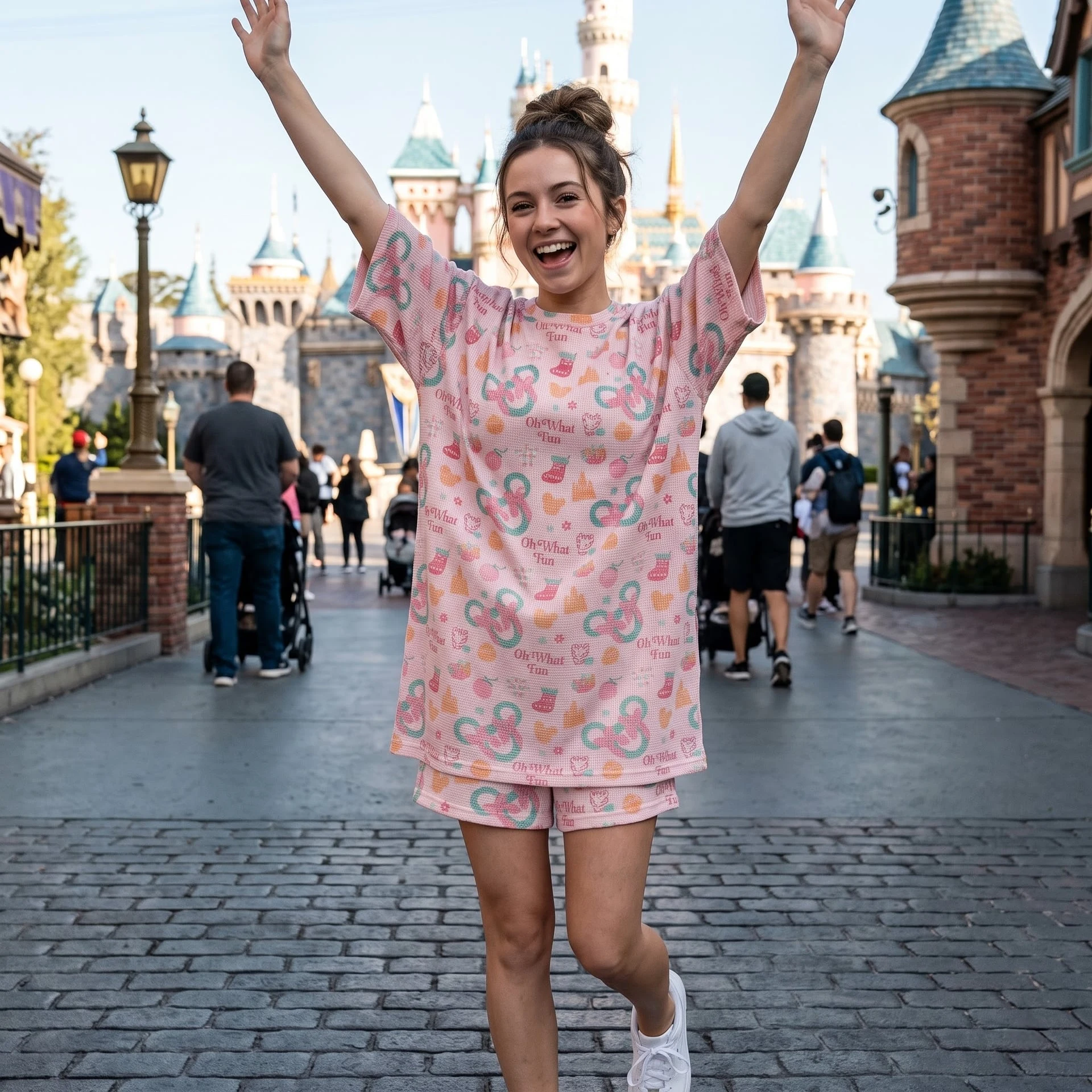 Mickey Christmas Waffle Loungewear Set, Pink Holiday Wreath Bow & Oh What Fun Print Pajama Outfit, Cozy Short Sleeve Shirt and Shorts Set - Image 3