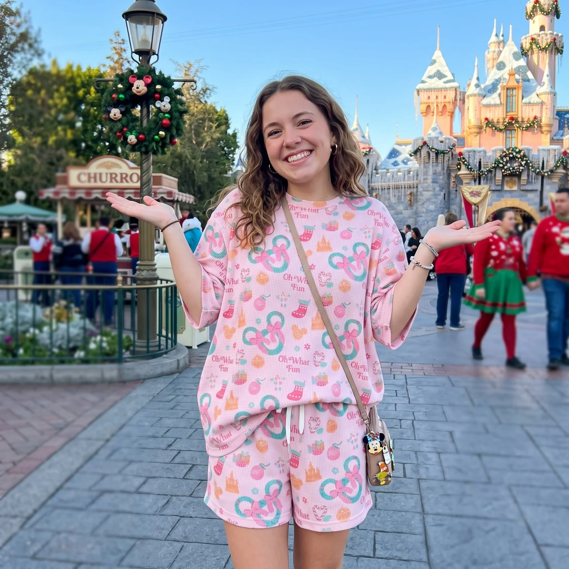 Mickey Christmas Waffle Loungewear Set, Pink Holiday Wreath Bow & Oh What Fun Print Pajama Outfit, Cozy Short Sleeve Shirt and Shorts Set - Image 4