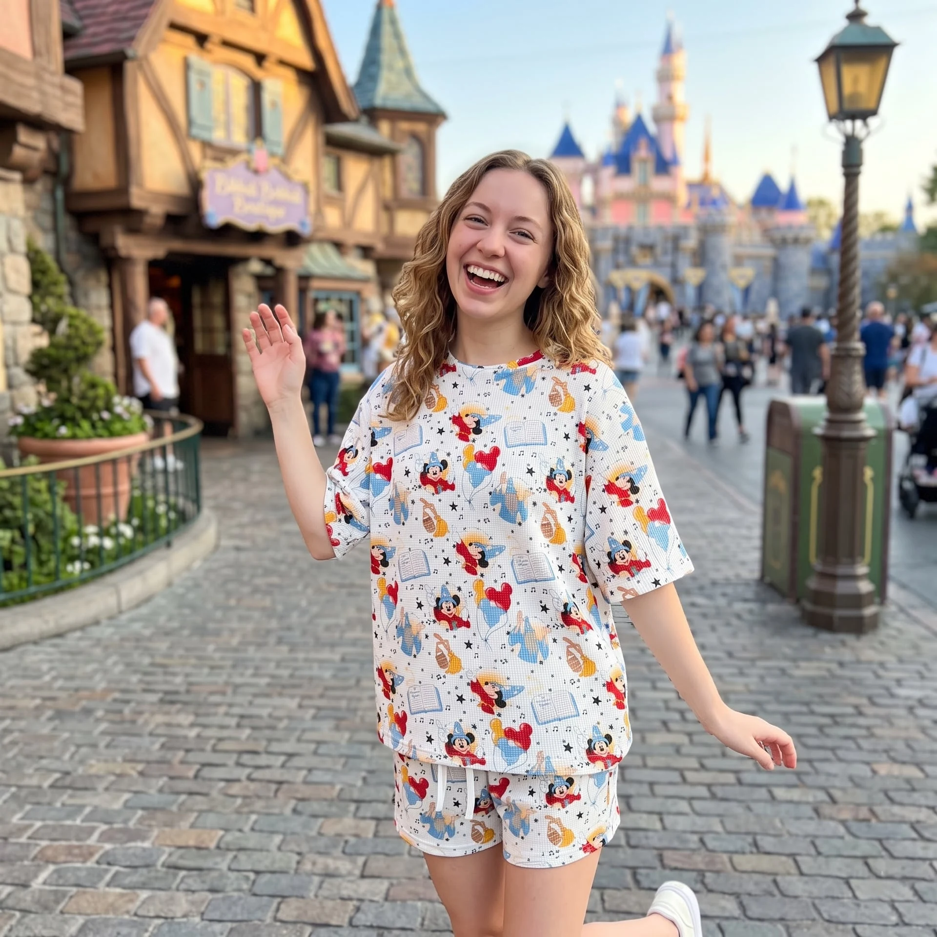 Mickey Fantasia Waffle Loungewear Set, Sorcerer Mickey Magic Music & Castle Print Pajama Outfit, Cozy Short Sleeve Shirt and Shorts Set - Image 3