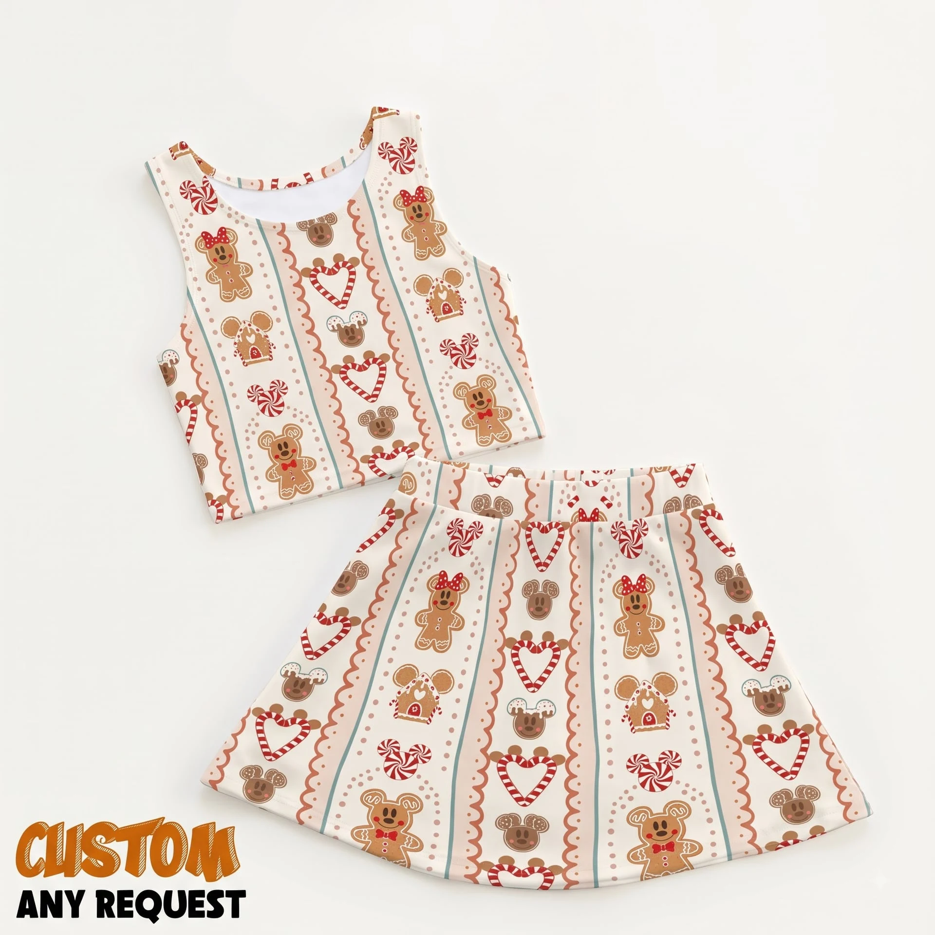 Disney Gingerbread Christmas Dress Set, Holiday Gingerbread Mickey & Minnie Inspired Crop Top and Skirt Set, Christmas Theme Park Outfit