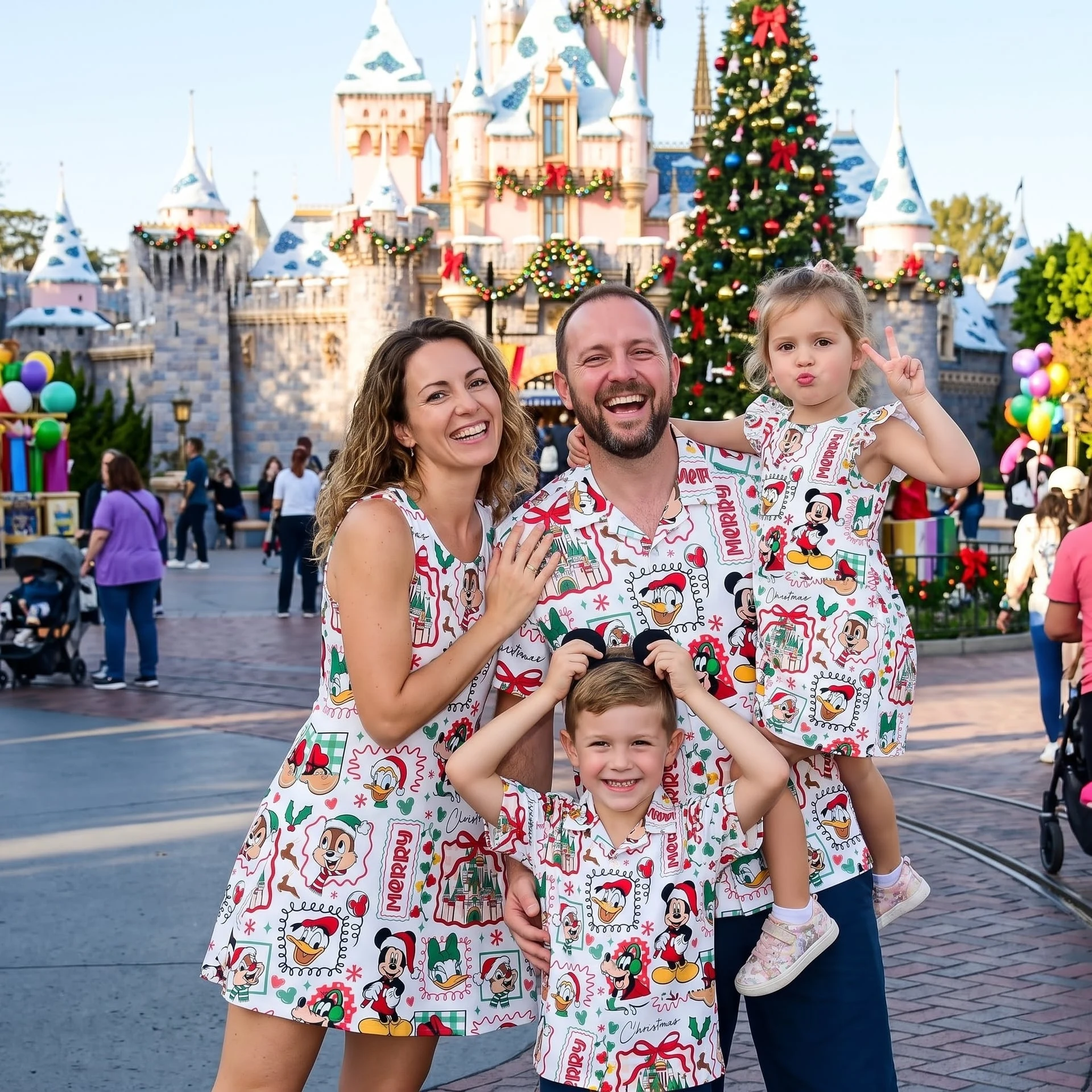 Mickey & Friends Christmas Family Matching Outfit, Holiday Character Print Mom Dress, Dad and Kids Shirts, Disney Christmas Park Family Outfit
