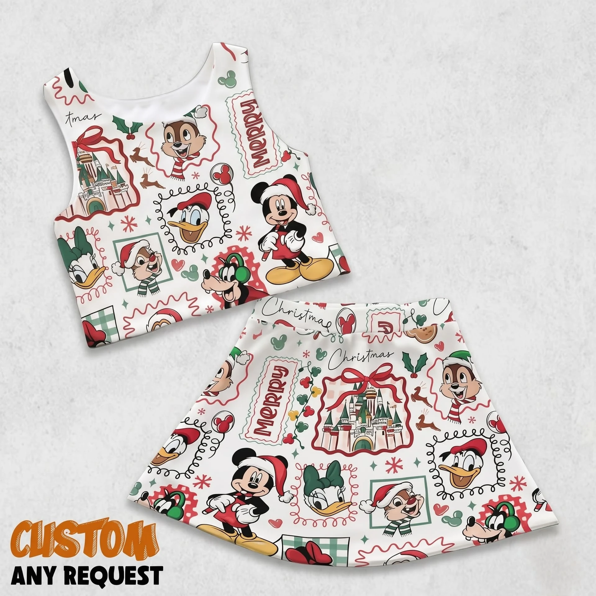 Mickey & Friends Christmas Dress Set, Mom and Daughter Matching Crop Top & Skirt Outfit, Holiday Castle Character Print Family Outfit