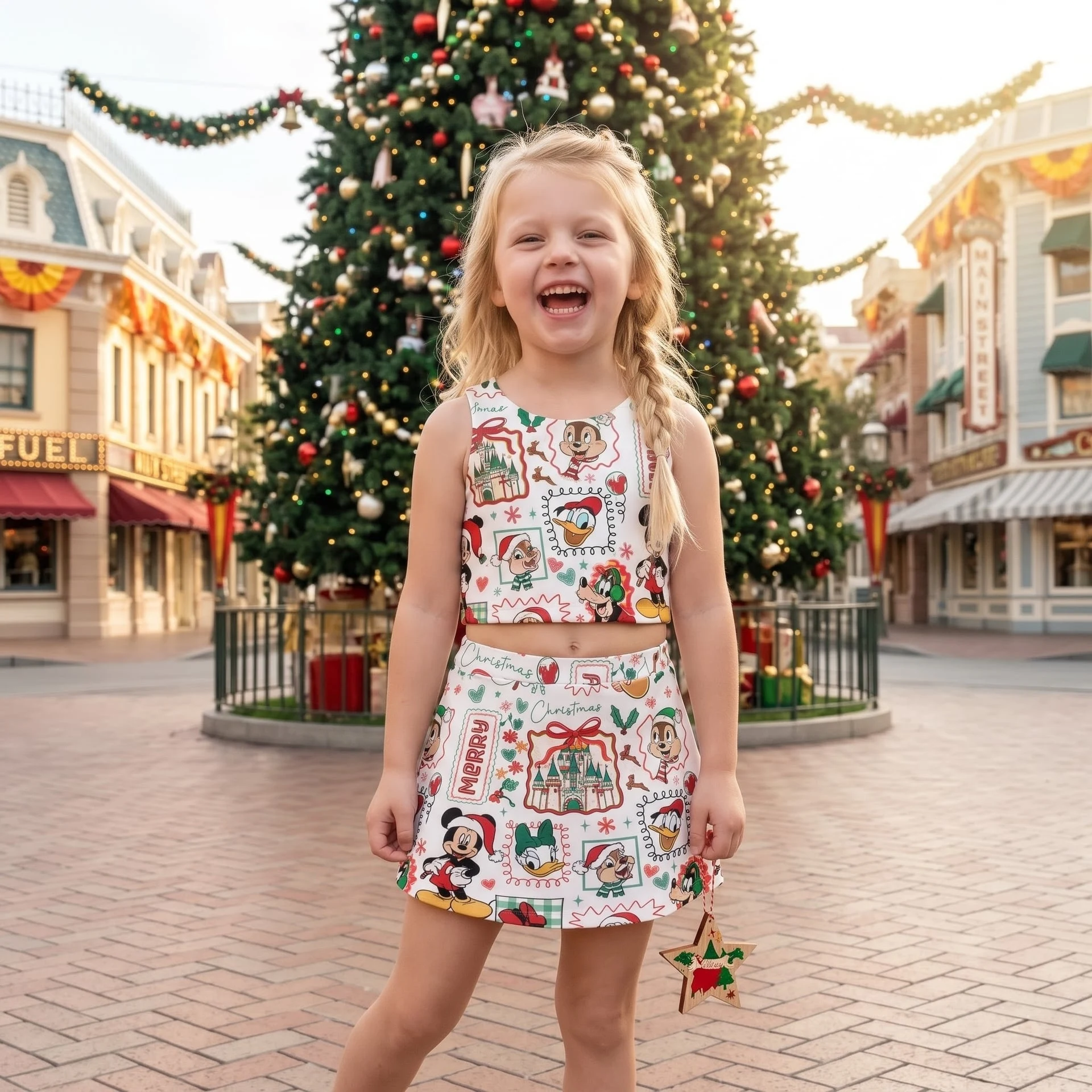 Mickey & Friends Christmas Dress Set, Mom and Daughter Matching Crop Top & Skirt Outfit, Holiday Castle Character Print Family Outfit - Image 4