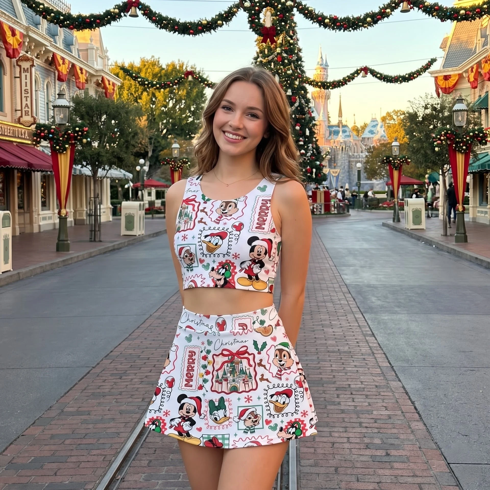Mickey & Friends Christmas Dress Set, Mom and Daughter Matching Crop Top & Skirt Outfit, Holiday Castle Character Print Family Outfit - Image 5