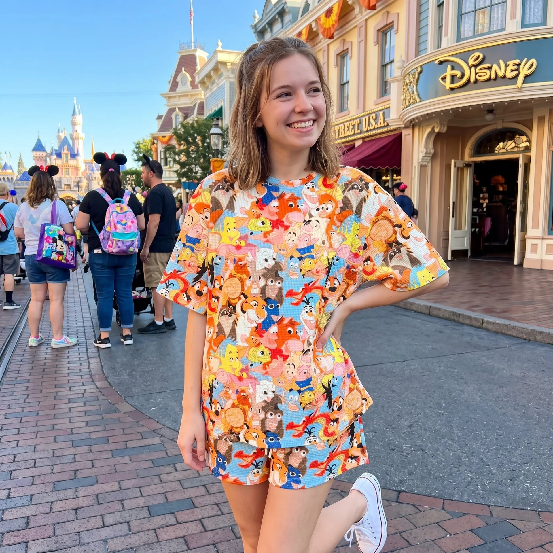 Disney Sidekicks Waffle Pajama Set, Colorful Character Short Sleeve Shirt & Shorts Lounge Set, Cartoon Sleepwear - Image 4