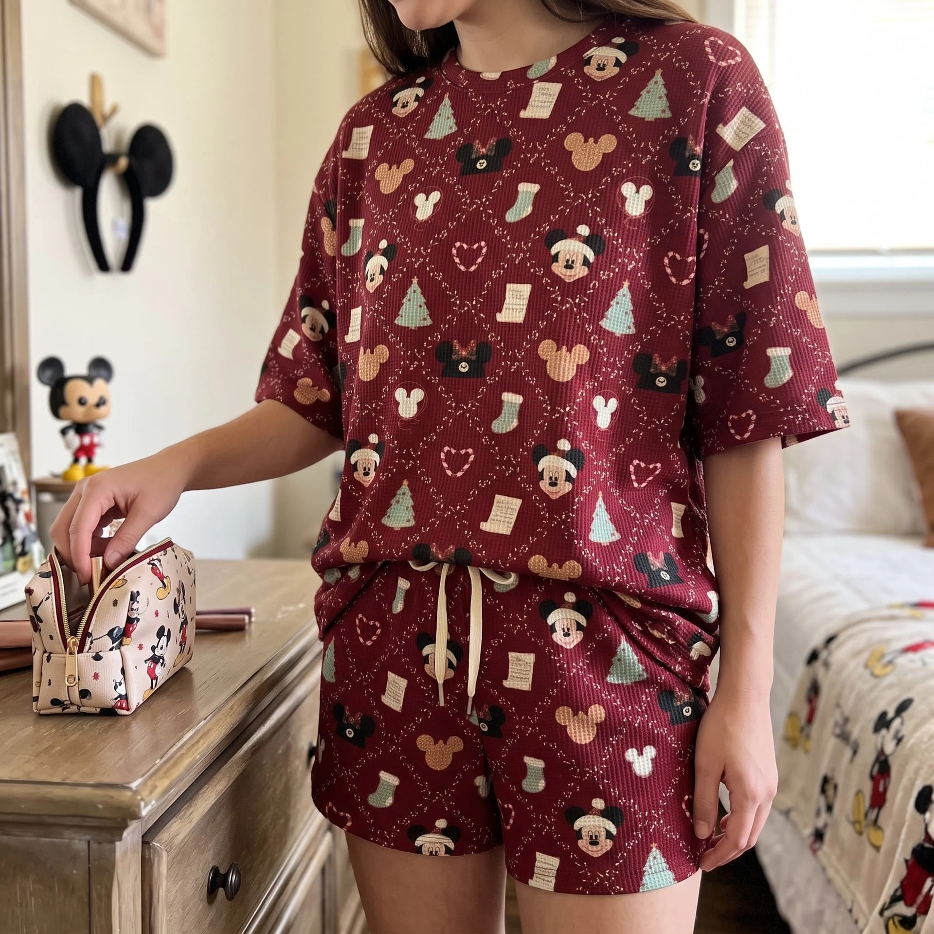Mickey Christmas Waffle Pajama Set, Holiday Short Sleeve Shirt & Shorts Lounge Set, Red Festive Sleepwear - Image 2
