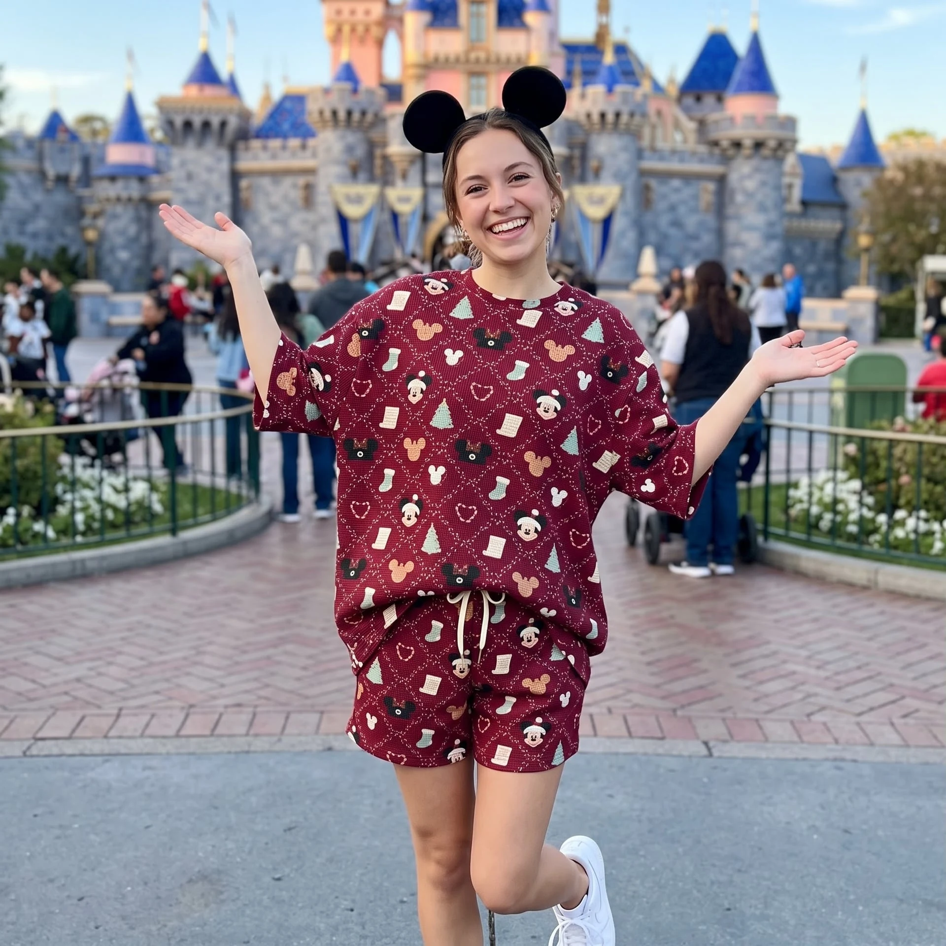 Mickey Christmas Waffle Pajama Set, Holiday Short Sleeve Shirt & Shorts Lounge Set, Red Festive Sleepwear - Image 3