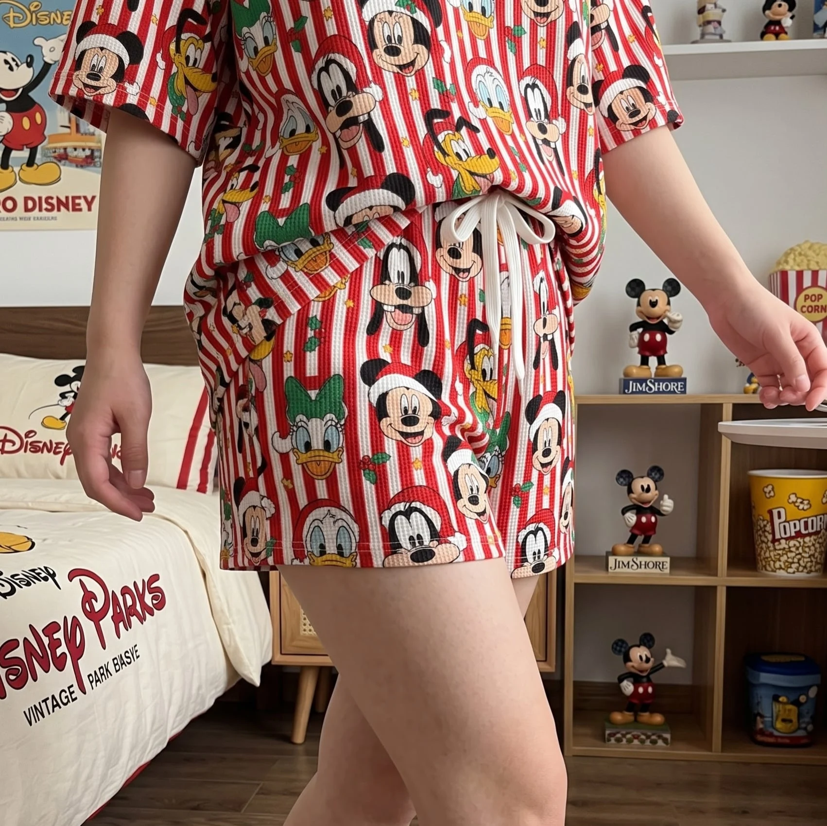 Disney Christmas Waffle Pajama Set, Mickey & Friends Red Stripe Holiday Short Sleeve Pajamas, Family Christmas Sleepwear - Image 3