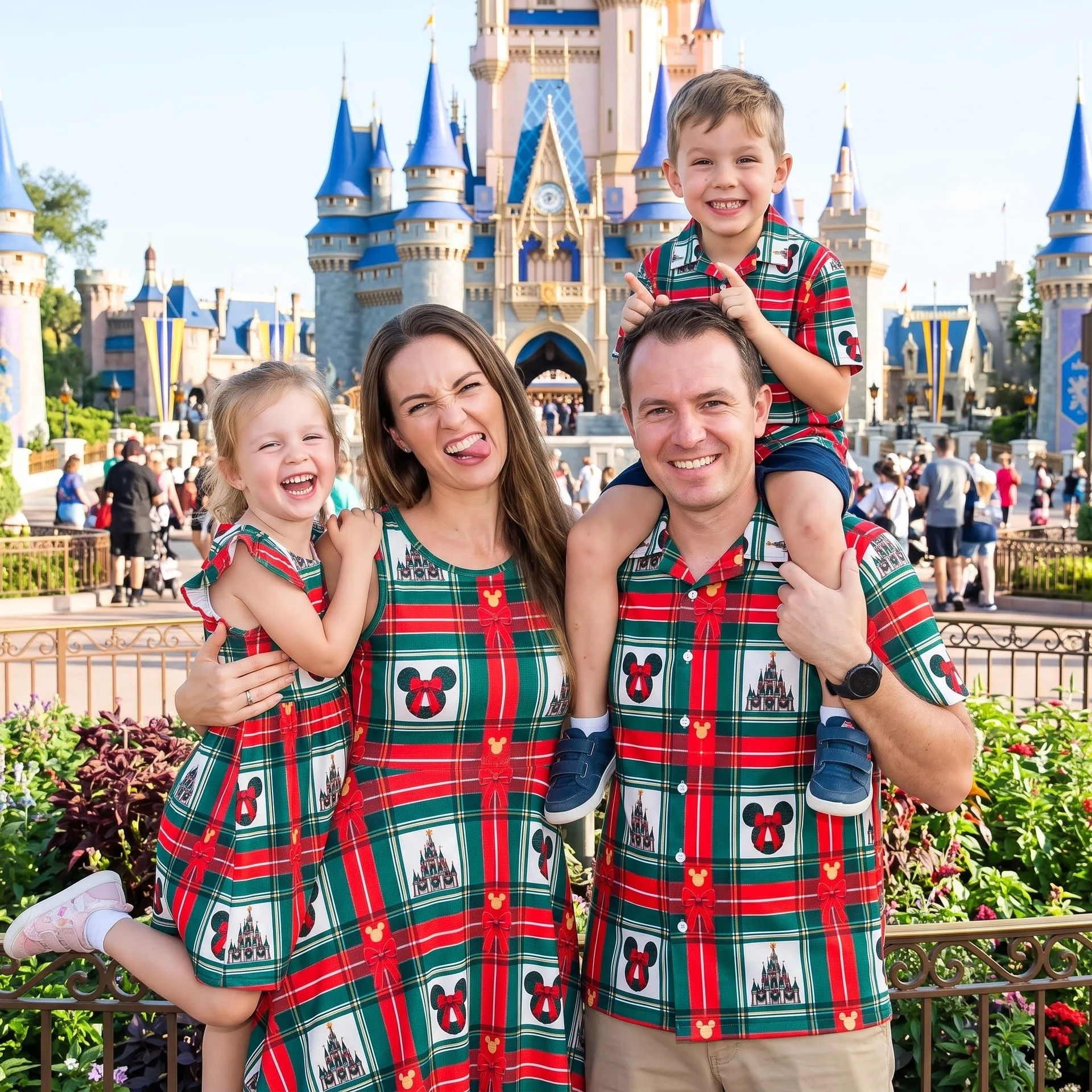 Disney Christmas Family Matching Outfit, Red Green Plaid Castle Matching Dress & Shirt Set, Holiday Family Outfit - Image 2