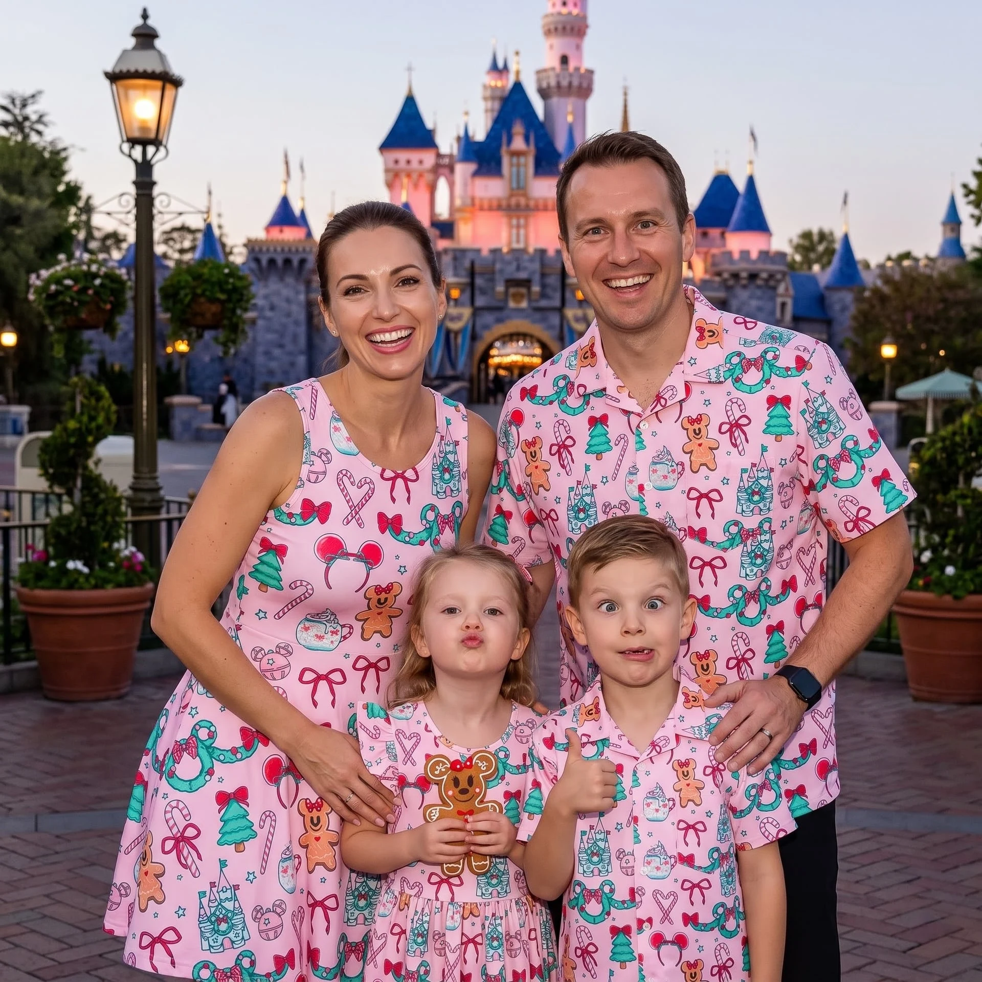 Disney Christmas Family Matching Outfit, Pink Gingerbread Holiday Dress & Hawaiian Shirt Set, Family Theme Park Christmas Outfit - Image 4