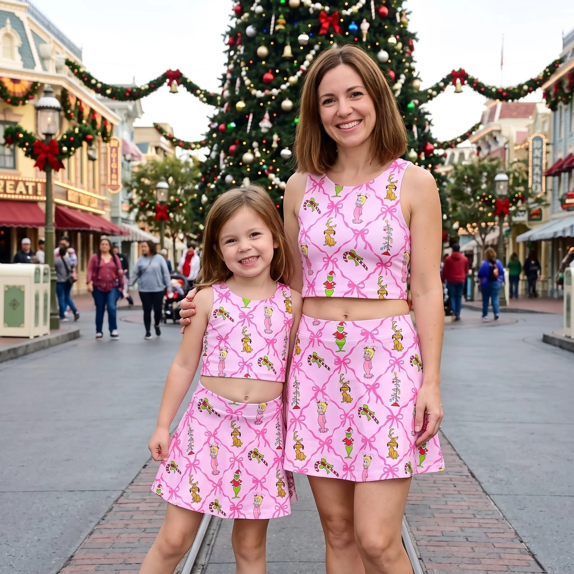 Grinch Christmas Pink Bow Tennis Dress Set, Holiday Crop Top & Skirt Outfit, Cute Christmas Matching Set - Image 3