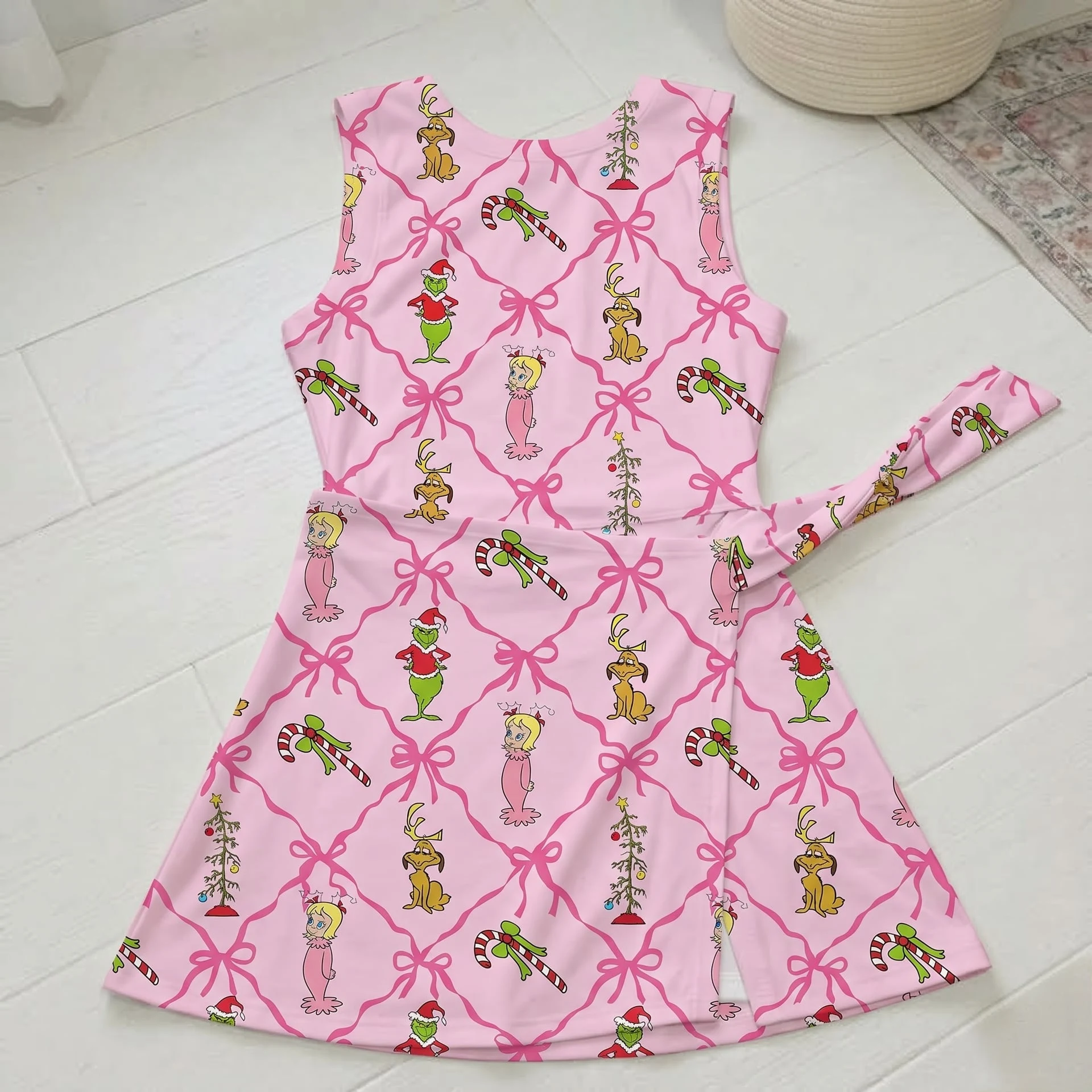 Grinch Christmas Mommy and Me Tennis Dress, Pink Bow Matching Tennis Outfit, Mom & Daughter Holiday Dress Set - Image 2