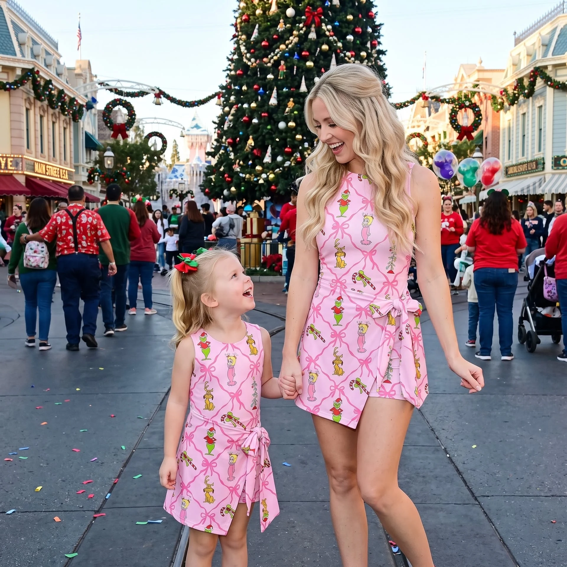 Grinch Christmas Mommy and Me Tennis Dress, Pink Bow Matching Tennis Outfit, Mom & Daughter Holiday Dress Set - Image 3