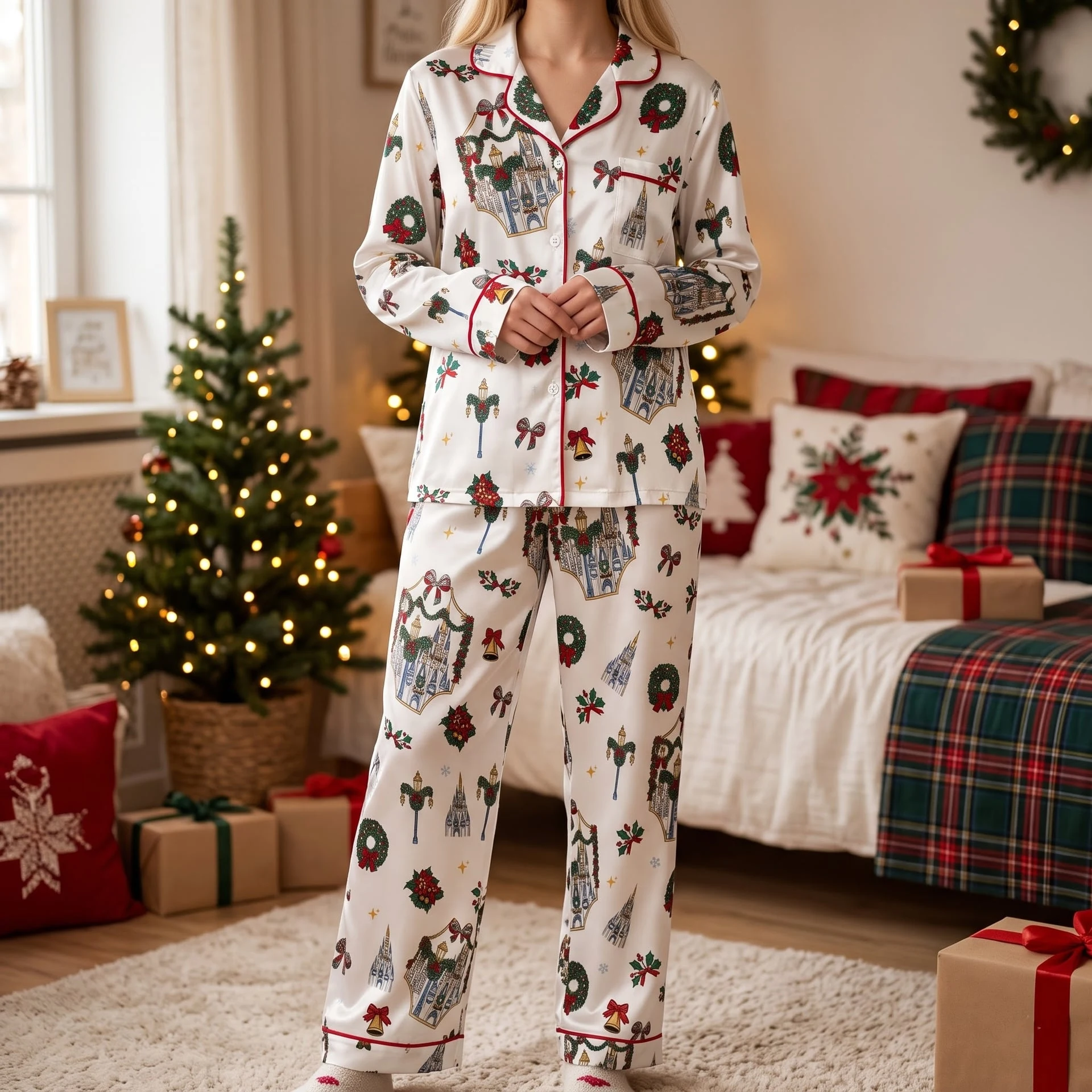 Disney Christmas Castle Pajama Set, Holiday Wreath & Bow Silky Satin Sleepwear, Matching Christmas Pajamas - Image 4