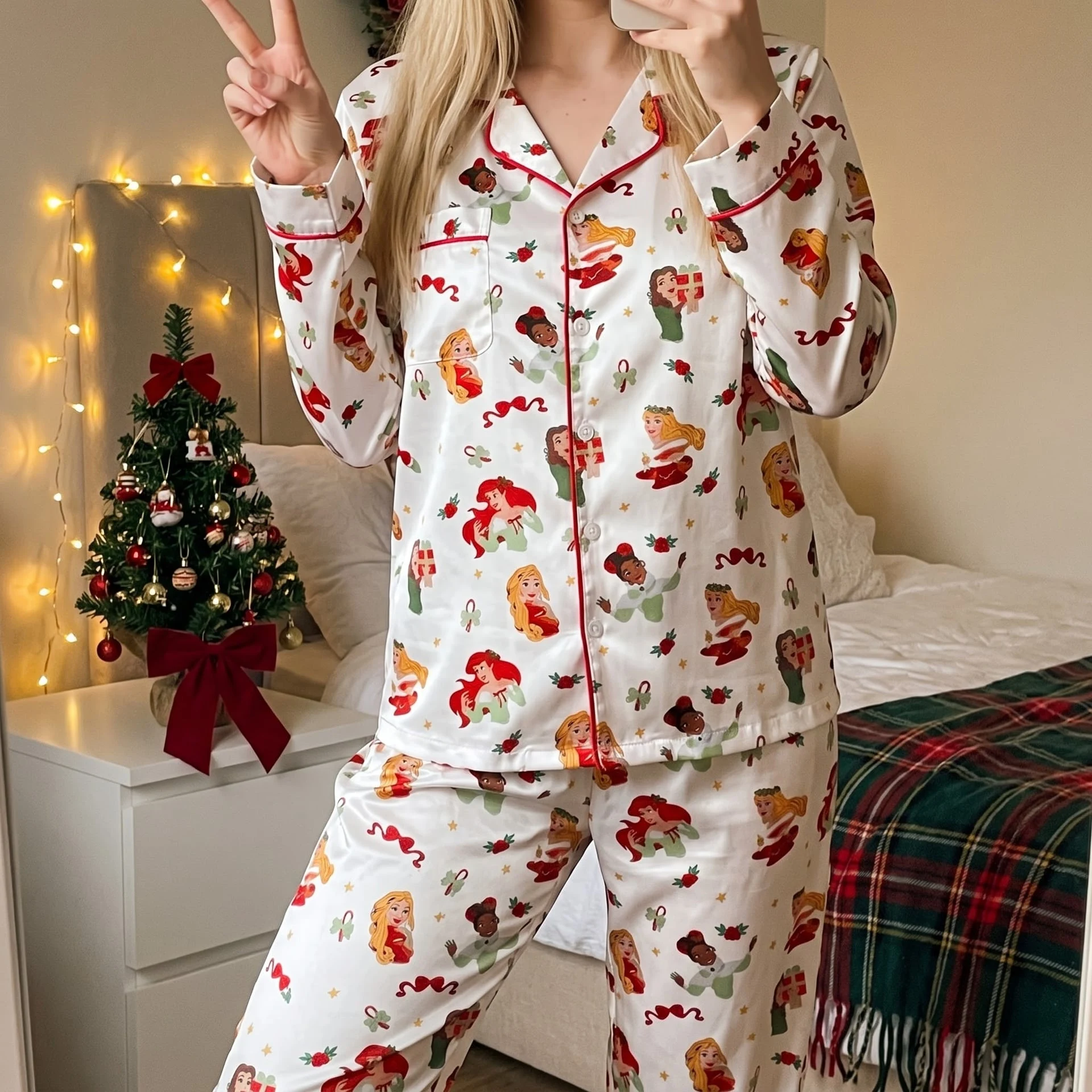 Disney Princess Christmas Pajama Set, Matching Holiday Satin Pajamas, Women’s Festive Sleepwear, Long & Short PJ Set - Image 3