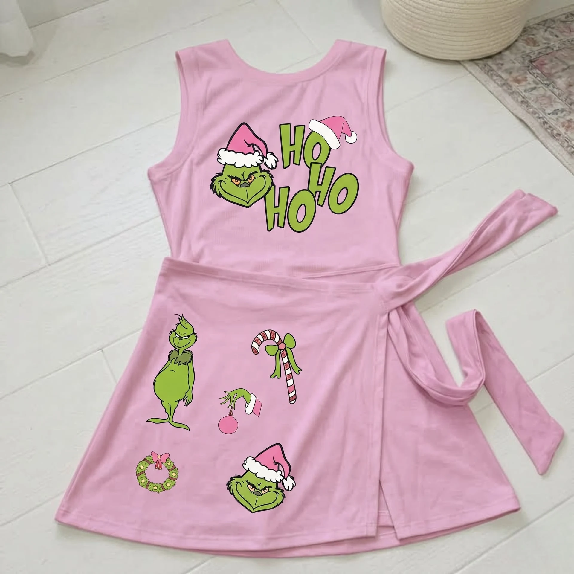 Grinch Christmas Matching Tennis Dress, Mommy and Me Holiday Outfit, Pink Festive Dress Set - Image 2