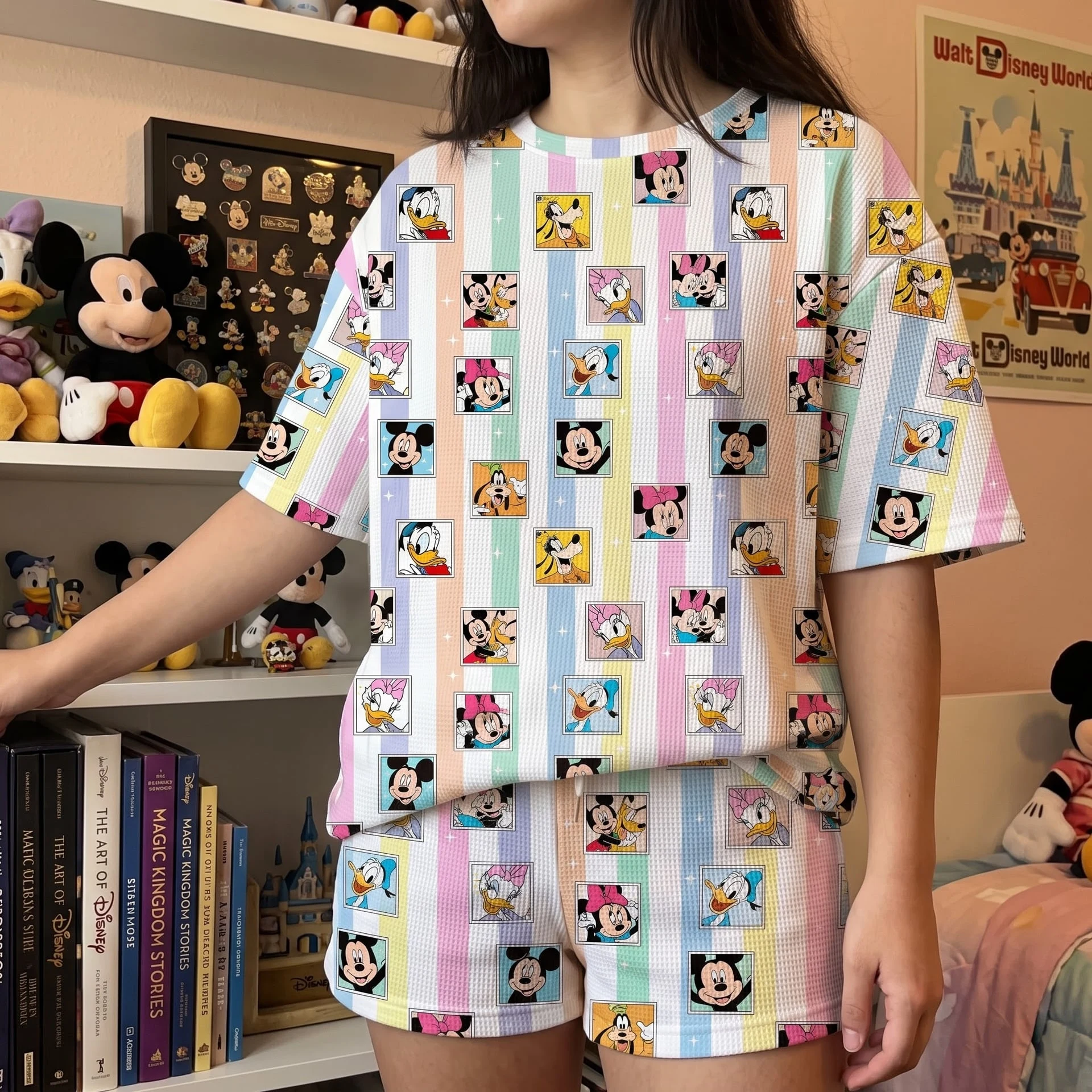 Disney Mickey & Friends Pastel Waffle Loungewear Set, Character Print Shirt and Shorts, Family Vacation Outfit - Image 4