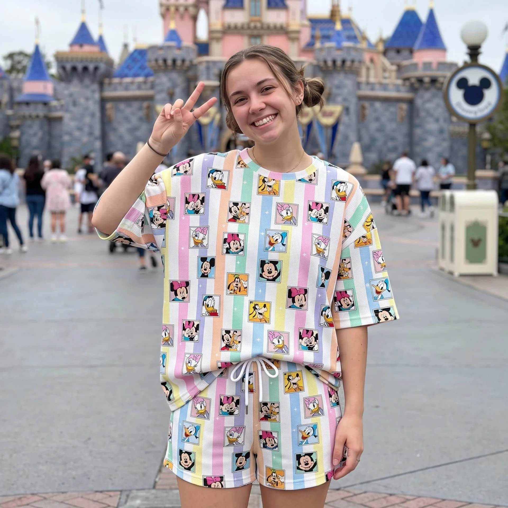 Disney Mickey & Friends Pastel Waffle Loungewear Set, Character Print Shirt and Shorts, Family Vacation Outfit - Image 3