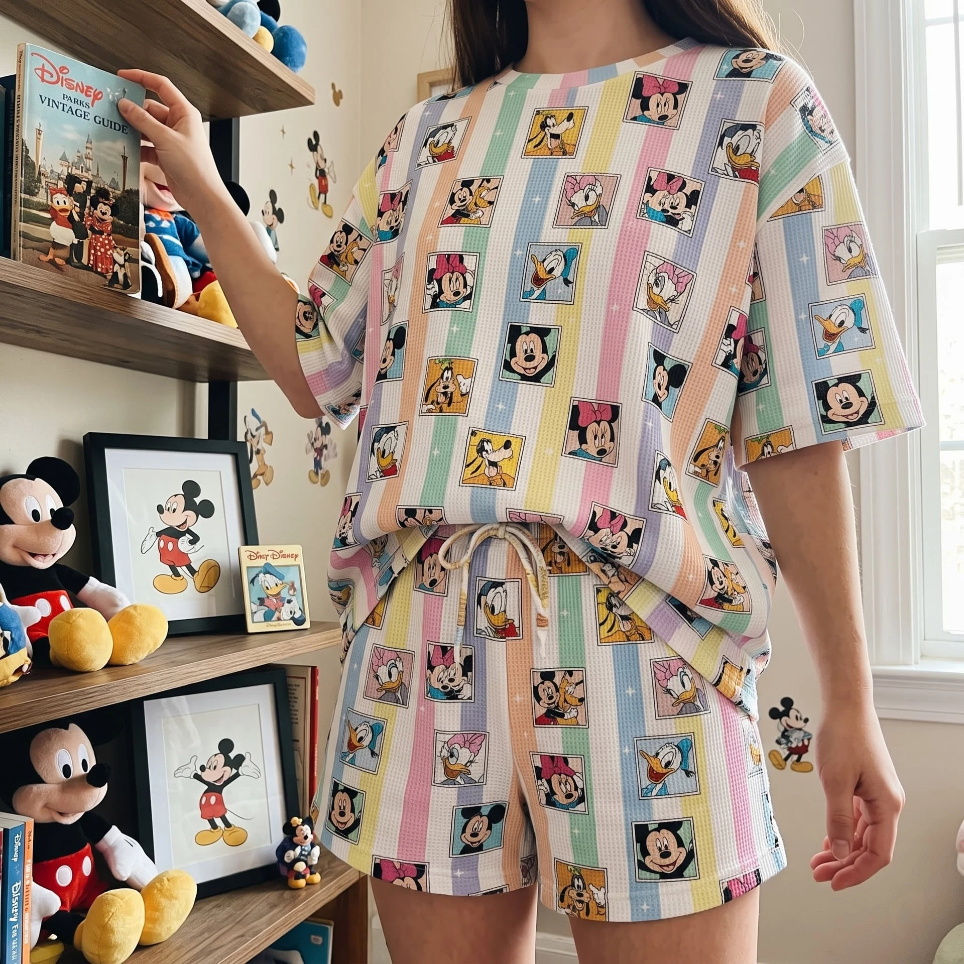 Disney Mickey & Friends Pastel Waffle Loungewear Set, Character Print Shirt and Shorts, Family Vacation Outfit - Image 2