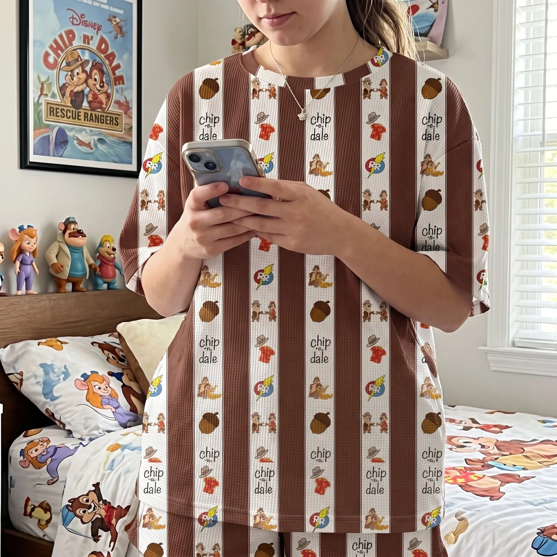 Disney Chip 'n Dale Brown Stripe Waffle Loungewear Set, Character Shirt and Shorts, Theme Park Vacation Outfit - Image 4