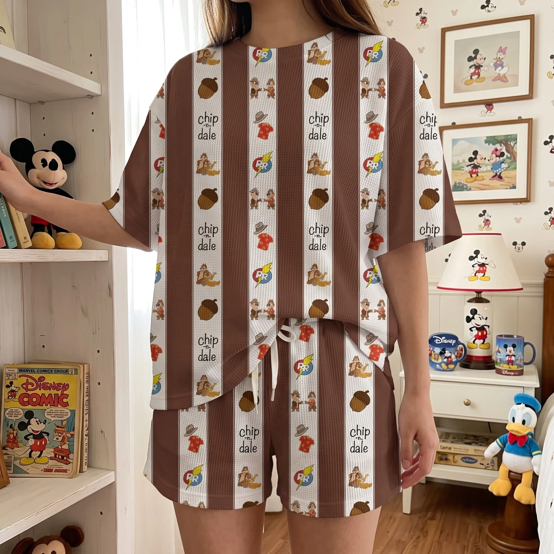 Disney Chip 'n Dale Brown Stripe Waffle Loungewear Set, Character Shirt and Shorts, Theme Park Vacation Outfit - Image 2
