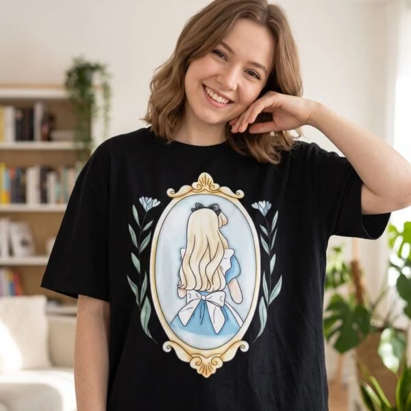 Disney Princess Mirror Portrait Shirt, Cinderella Back View Bow & Floral Frame Graphic Vacation Tee - Image 3